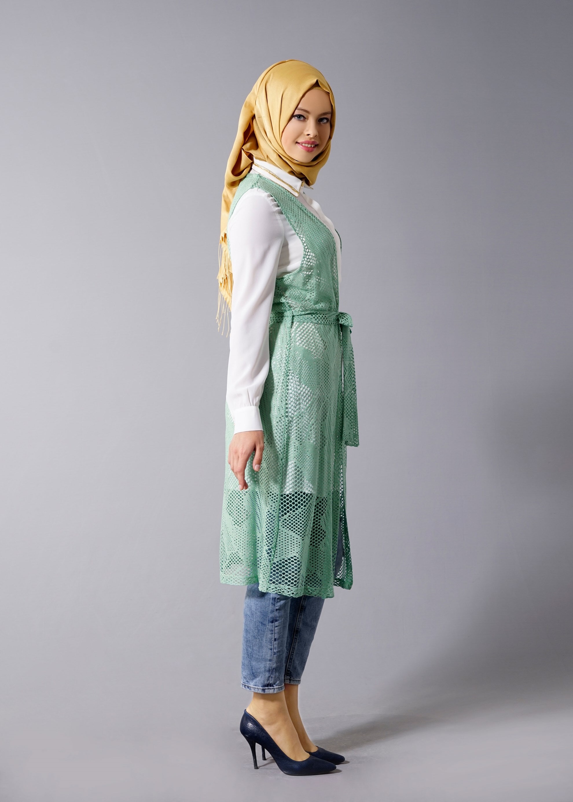 Tesettür giyim YEŞİL FİLE DETAYLI 2&prime;Lİ TUNİK 4533 