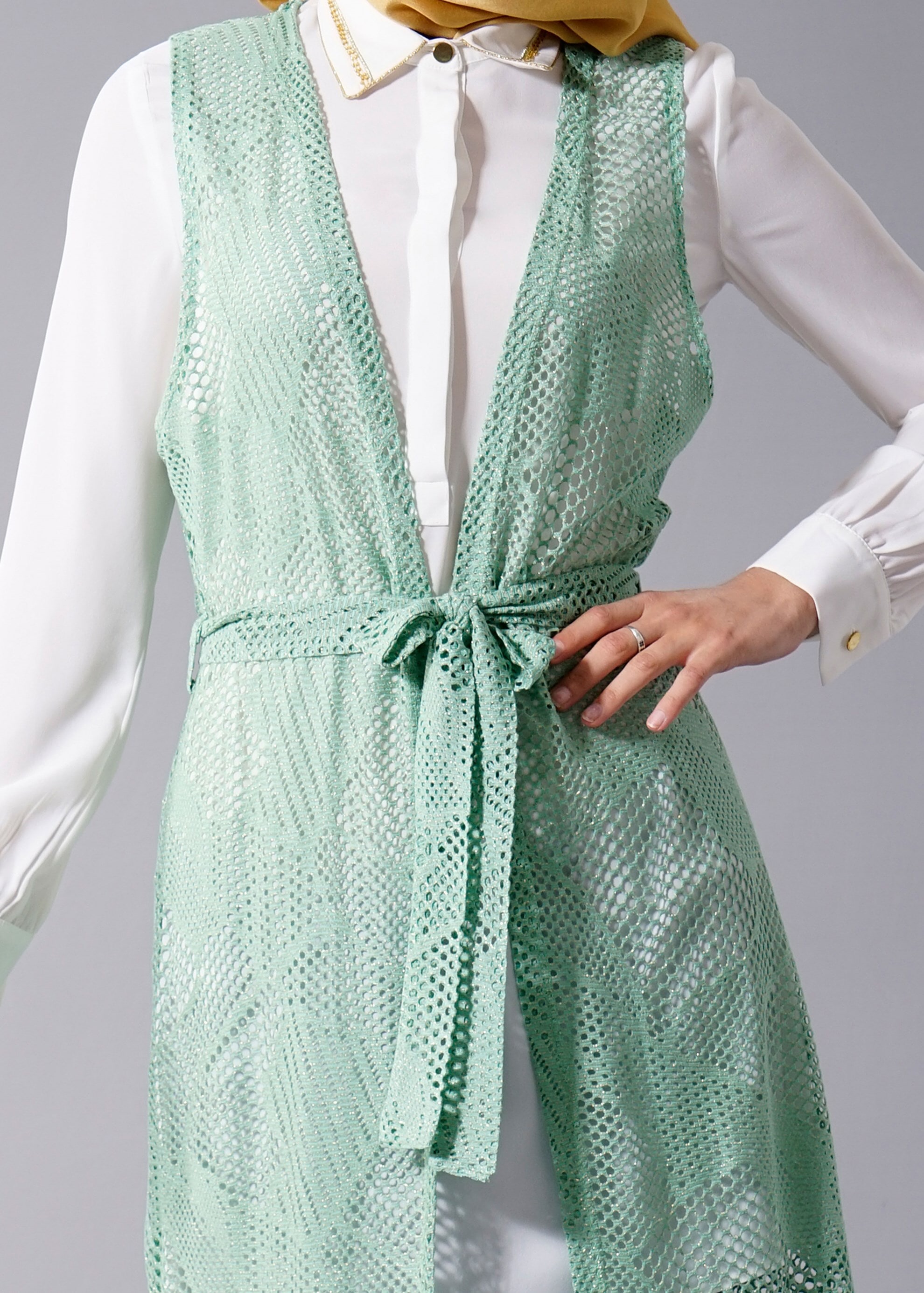 Tesettür giyim YEŞİL FİLE DETAYLI 2&prime;Lİ TUNİK 4533 