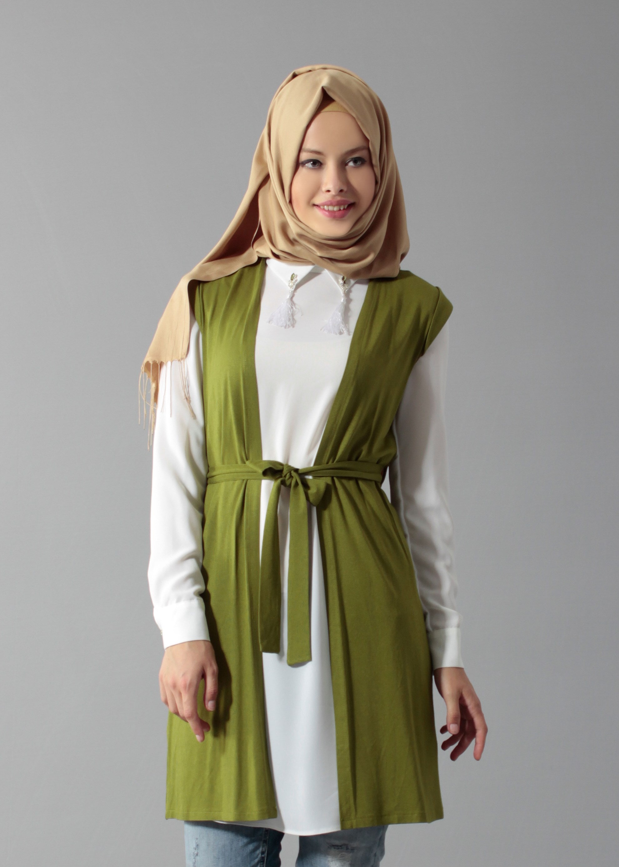 Tesettür giyim YEŞİL 4551 New Viscon Lycra Tesettür Tunik 38/46 TEK40