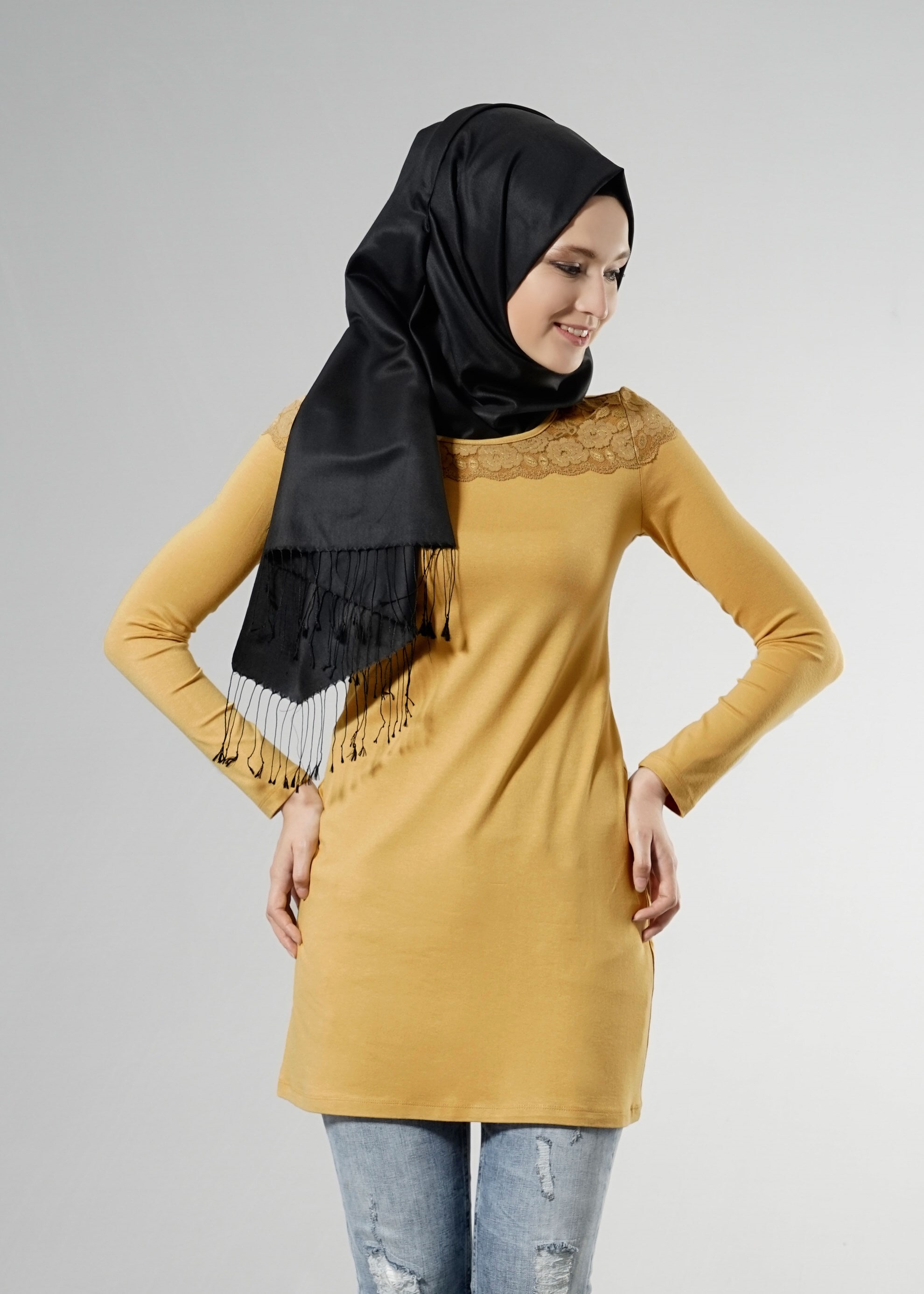 Tesettür giyim SARI 4555 New Viscon Lycra Tesettür Tunik 38/46