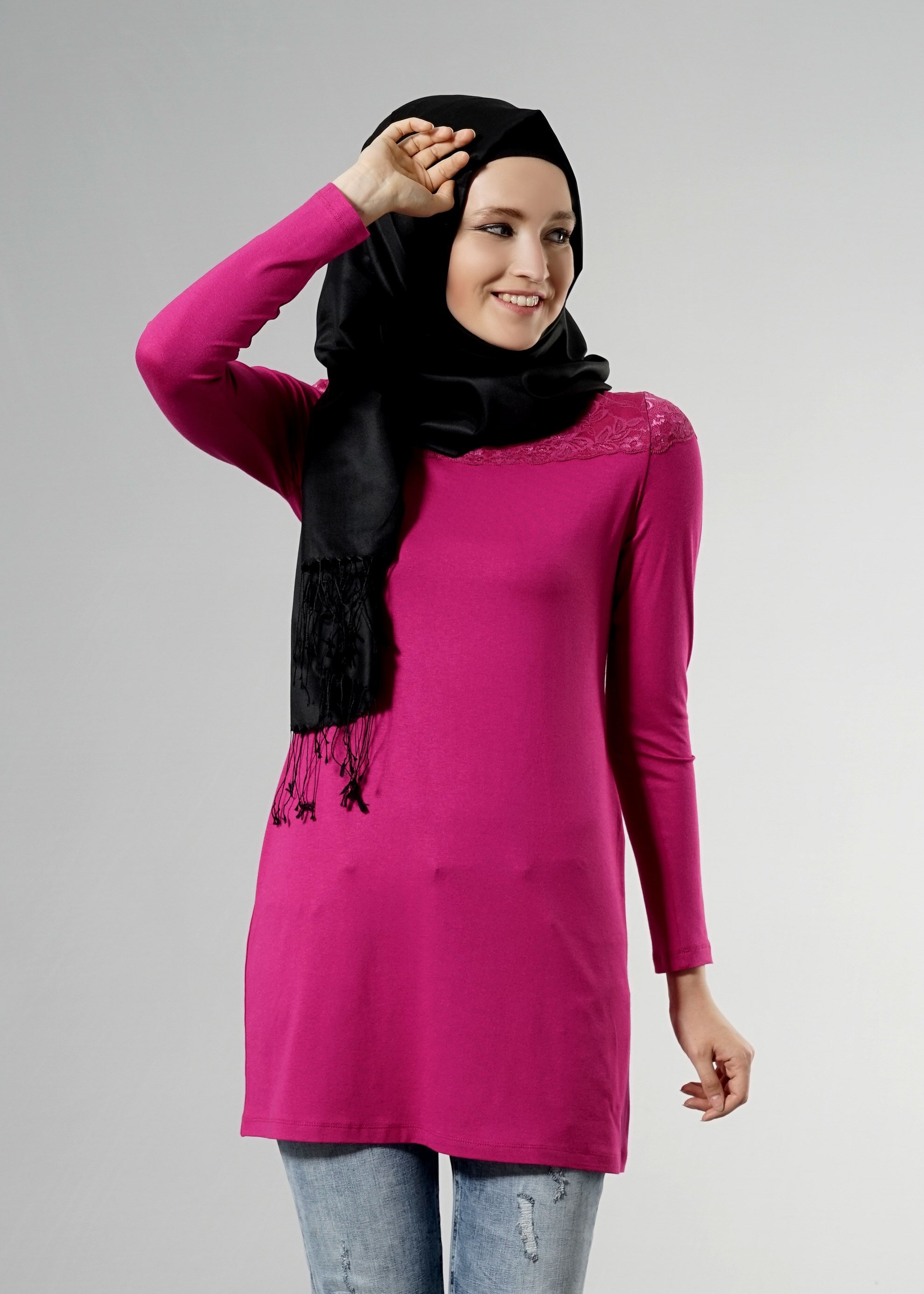 Tesettür giyim FUŞYA 4555 New Viscon Lycra Tesettür Tunik 38/46