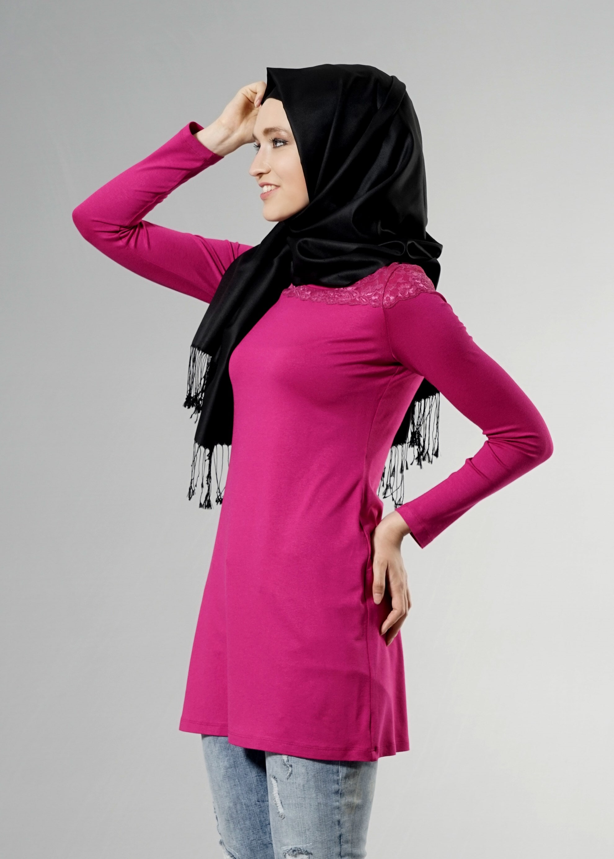 Tesettür giyim FUŞYA 4555 New Viscon Lycra Tesettür Tunik 38/46