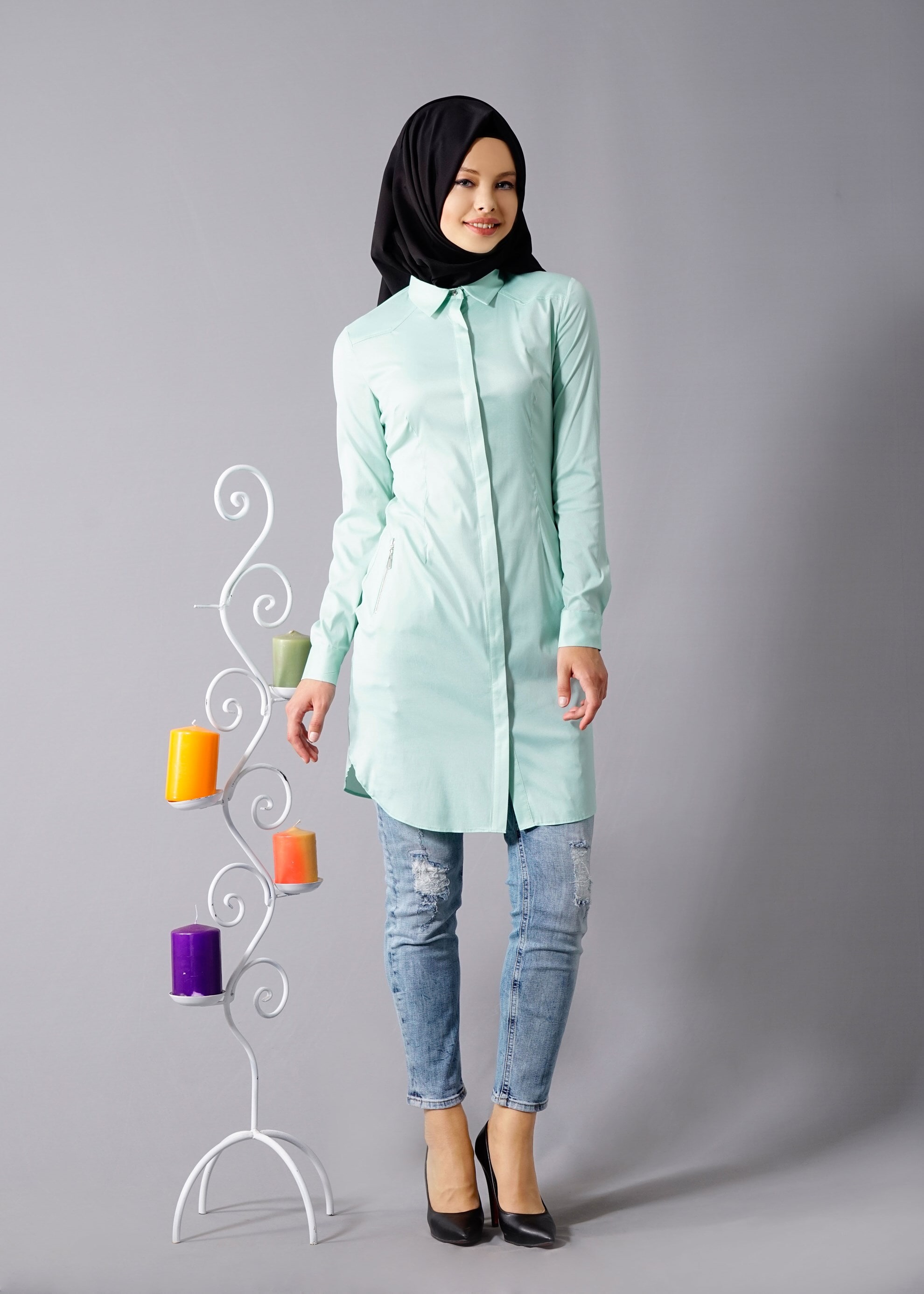 Tesettür giyim MAVİ GÖMLEK YAKA TUNİK 4575