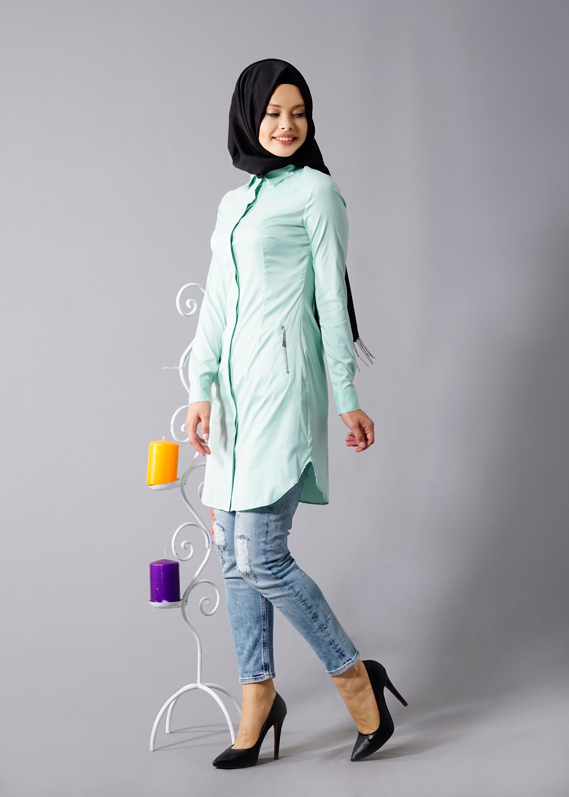 Tesettür giyim MAVİ GÖMLEK YAKA TUNİK 4575