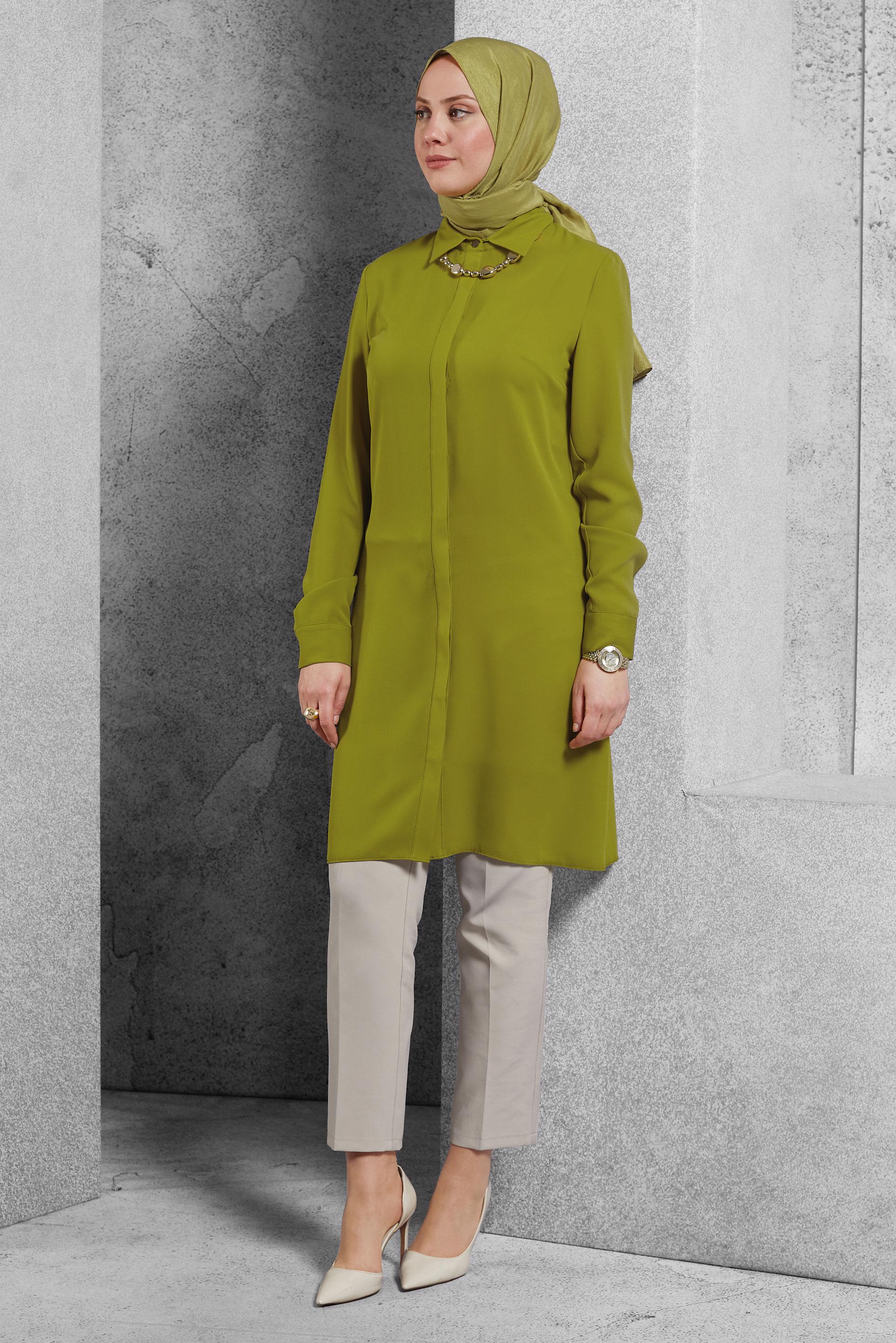 Tesettür giyim YEŞİL GÖMLEK YAKA TUNİK 4579 