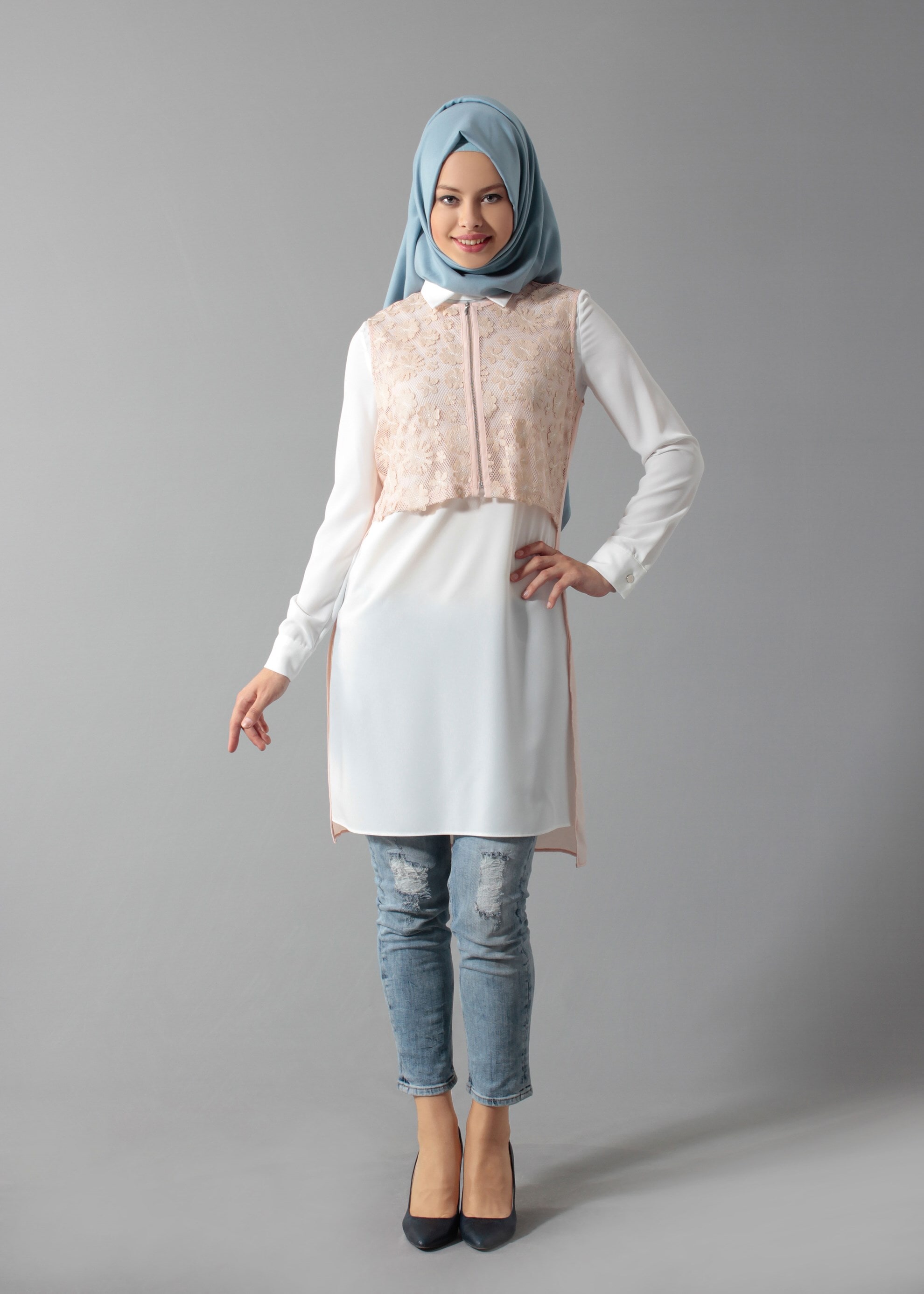 Tesettür giyim PUDRA  İKİLİ TUNİK  4584