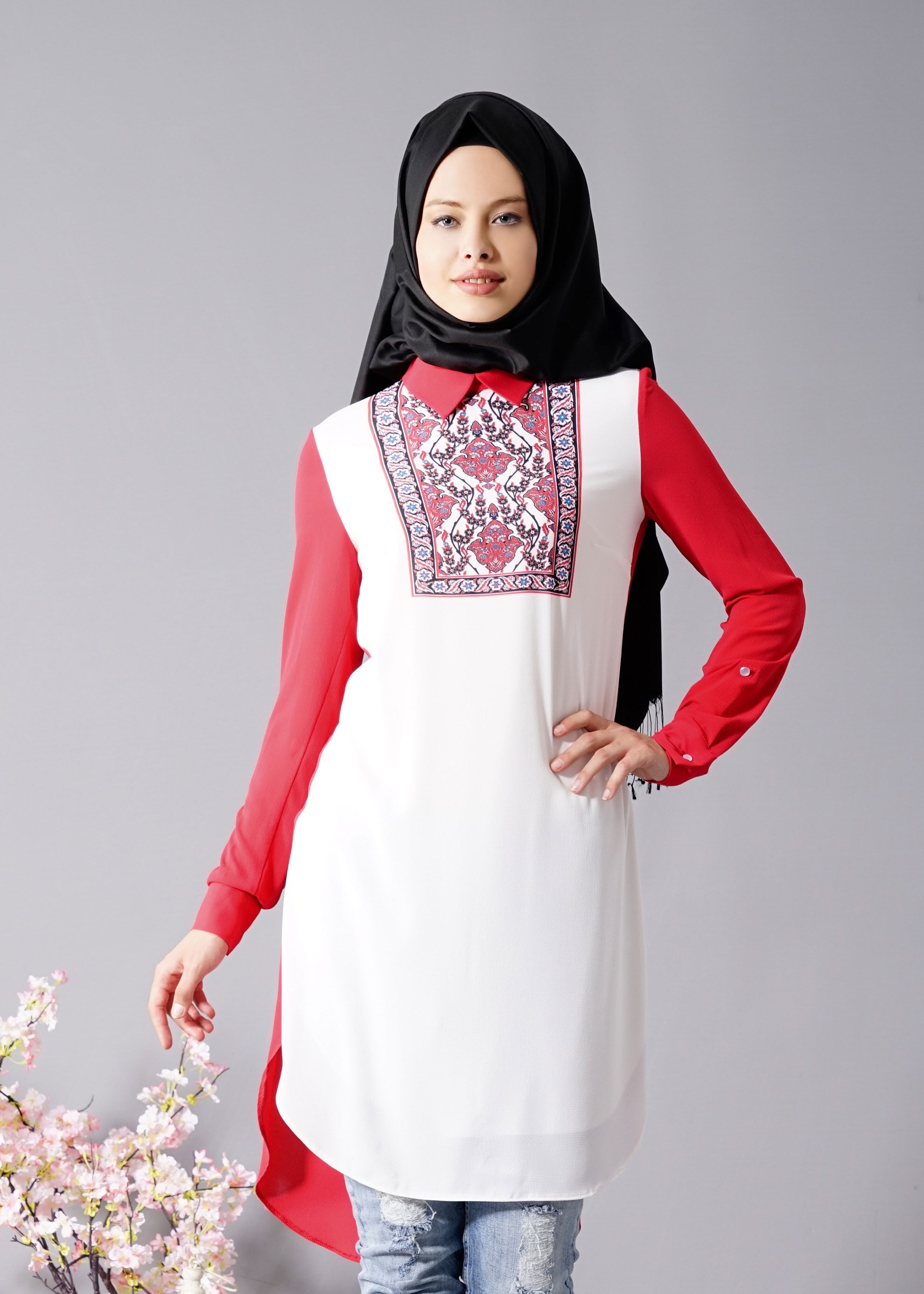 Tesettür giyim KIRMIZI GÖMLEK YAKA TUNİK 4591 