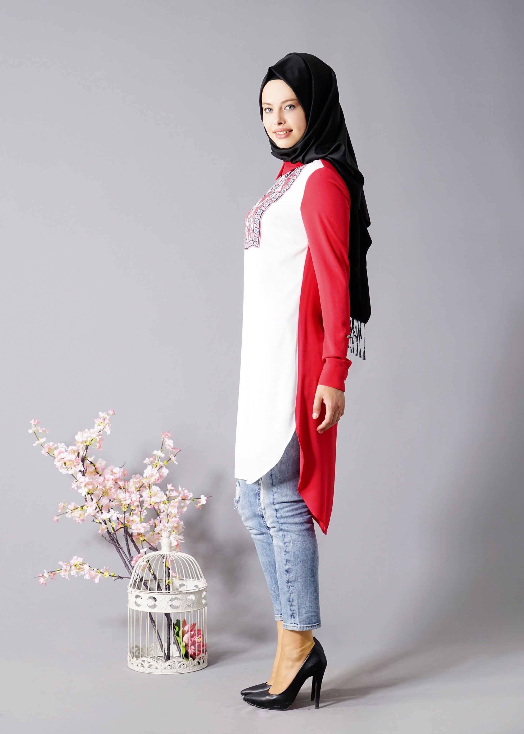 Tesettür giyim KIRMIZI GÖMLEK YAKA TUNİK 4591 