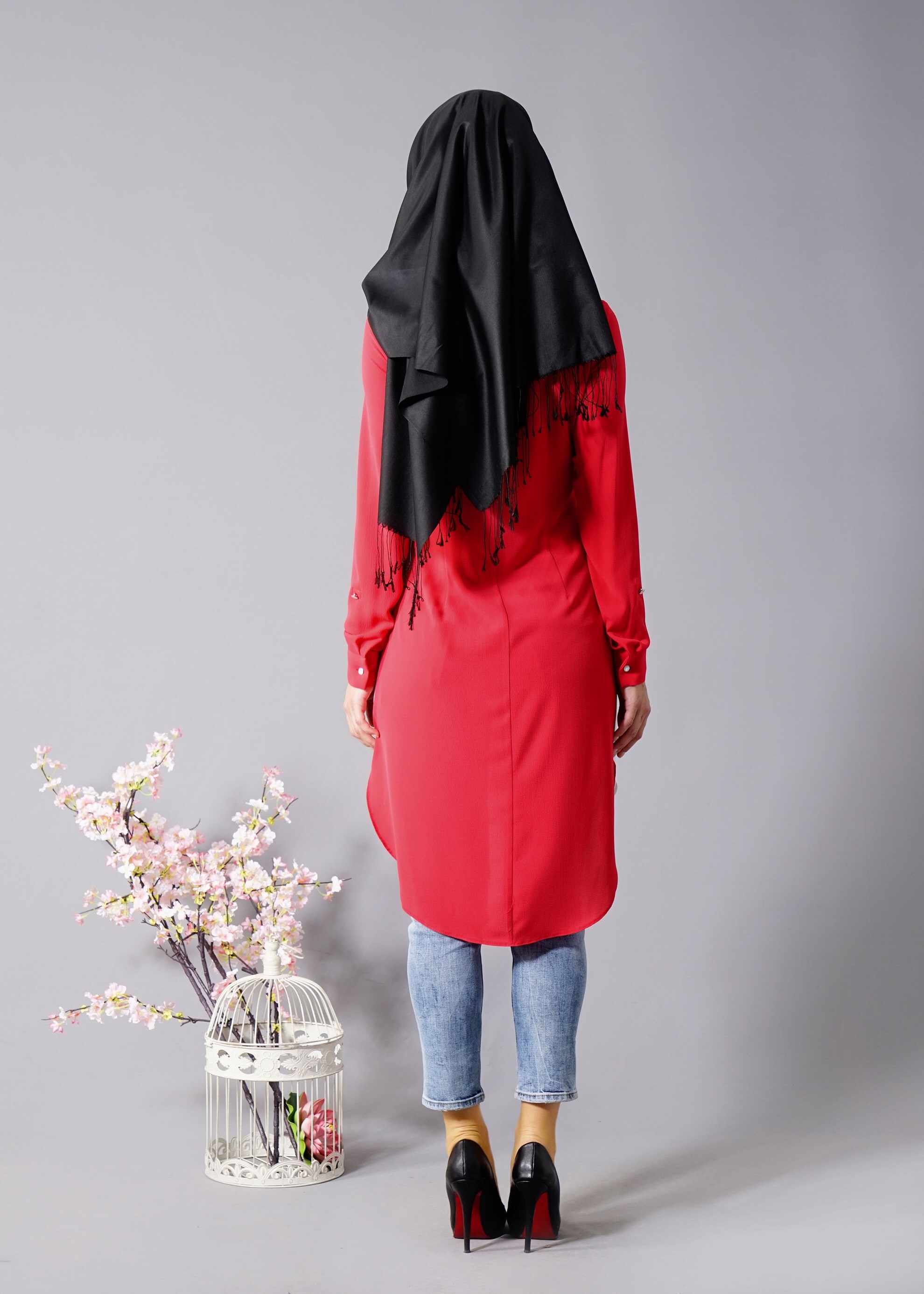 Tesettür giyim KIRMIZI GÖMLEK YAKA TUNİK 4591 