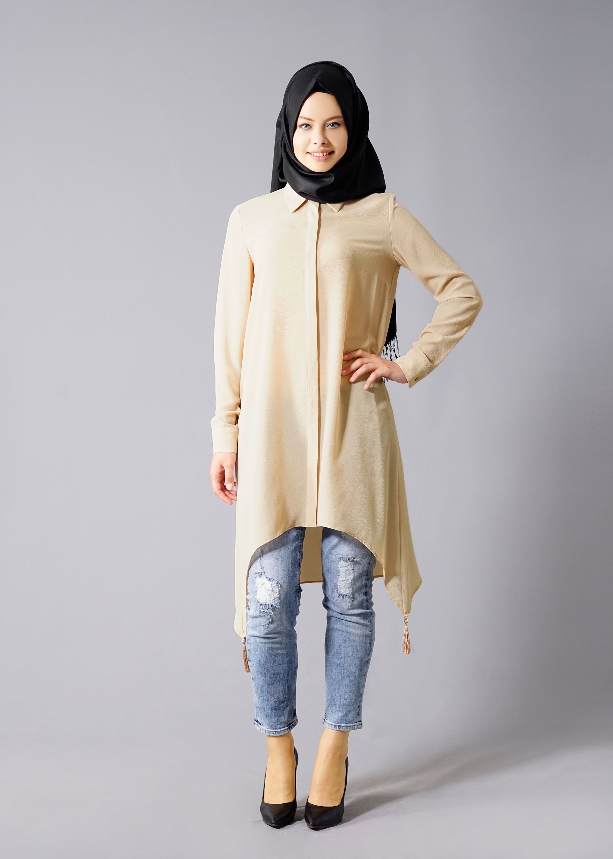 Tesettür giyim BEJ GÖMLEK YAKA TUNİK 4603 