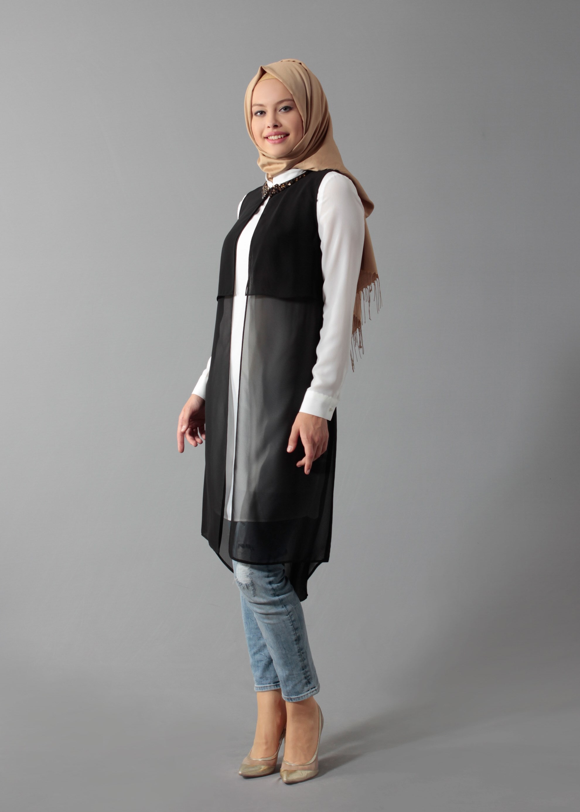 Tesettür giyim SİYAH 4635 New Multi Şifon 2&prime;li Tesettür Tunik 38/48 TEK40