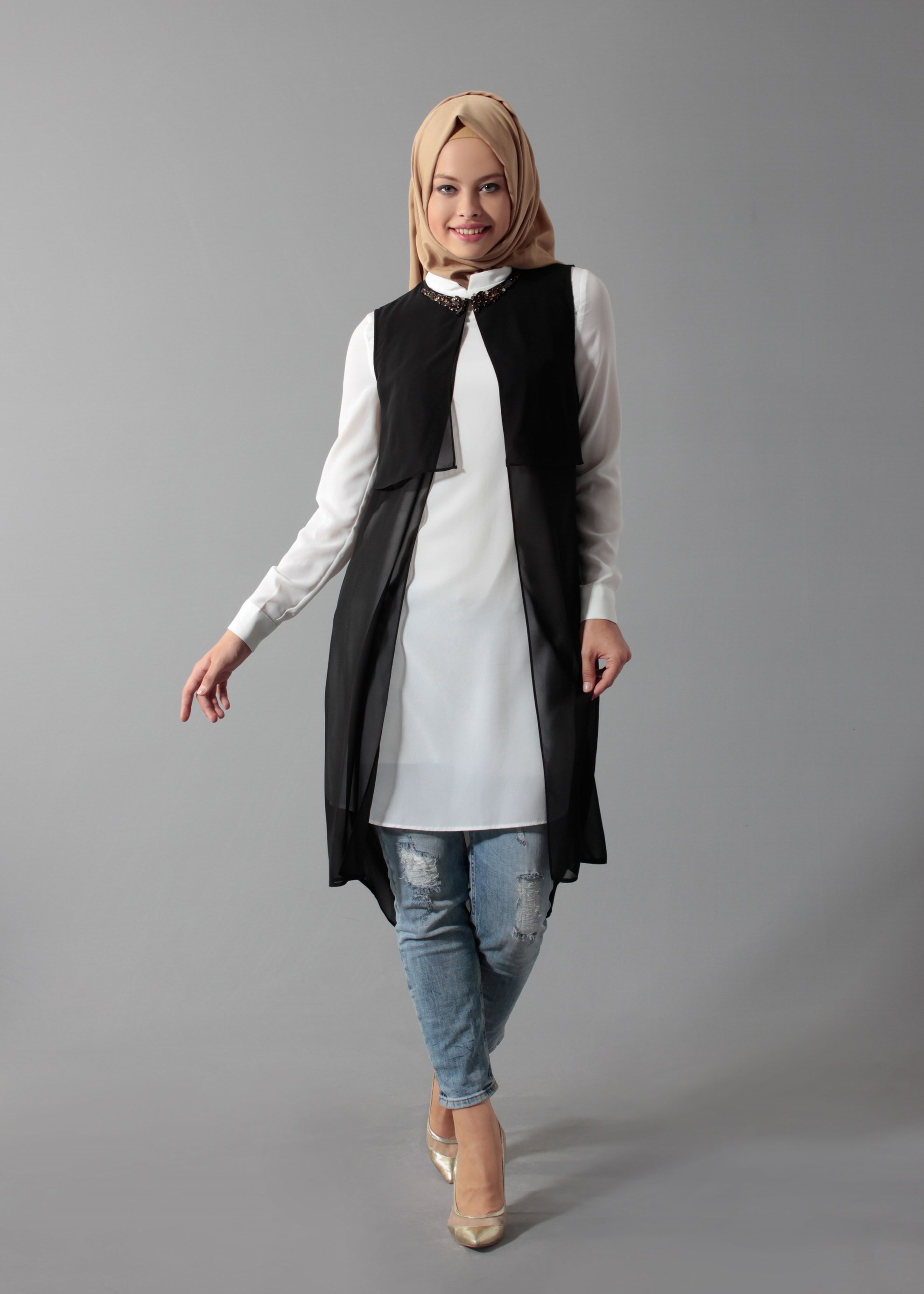 Tesettür giyim SİYAH 4635 New Multi Şifon 2&prime;li Tesettür Tunik 38/48 TEK40