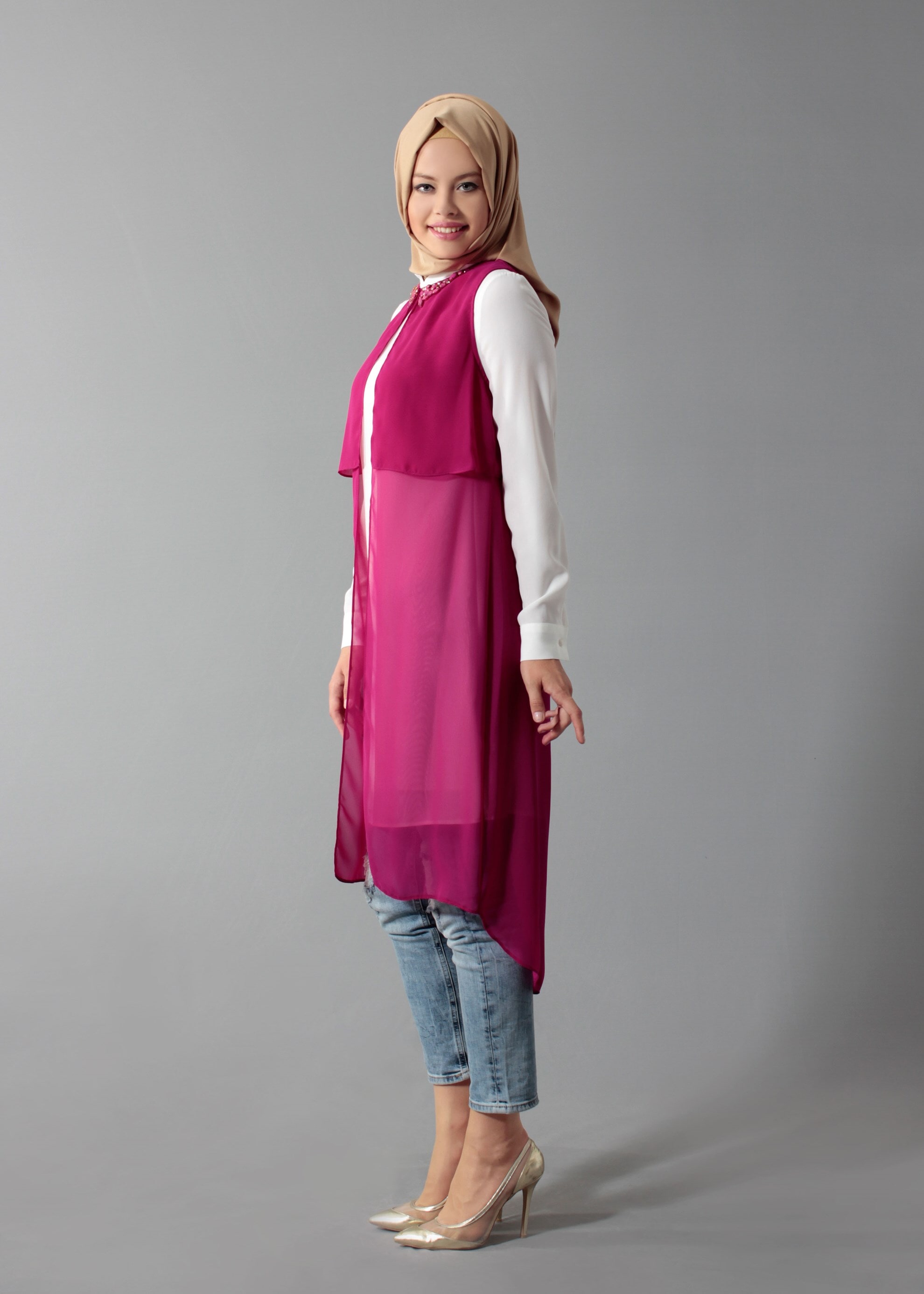 Tesettür giyim FUŞYA 4635 New Multi Şifon 2&prime;li Tesettür Tunik 38/48 TEK40