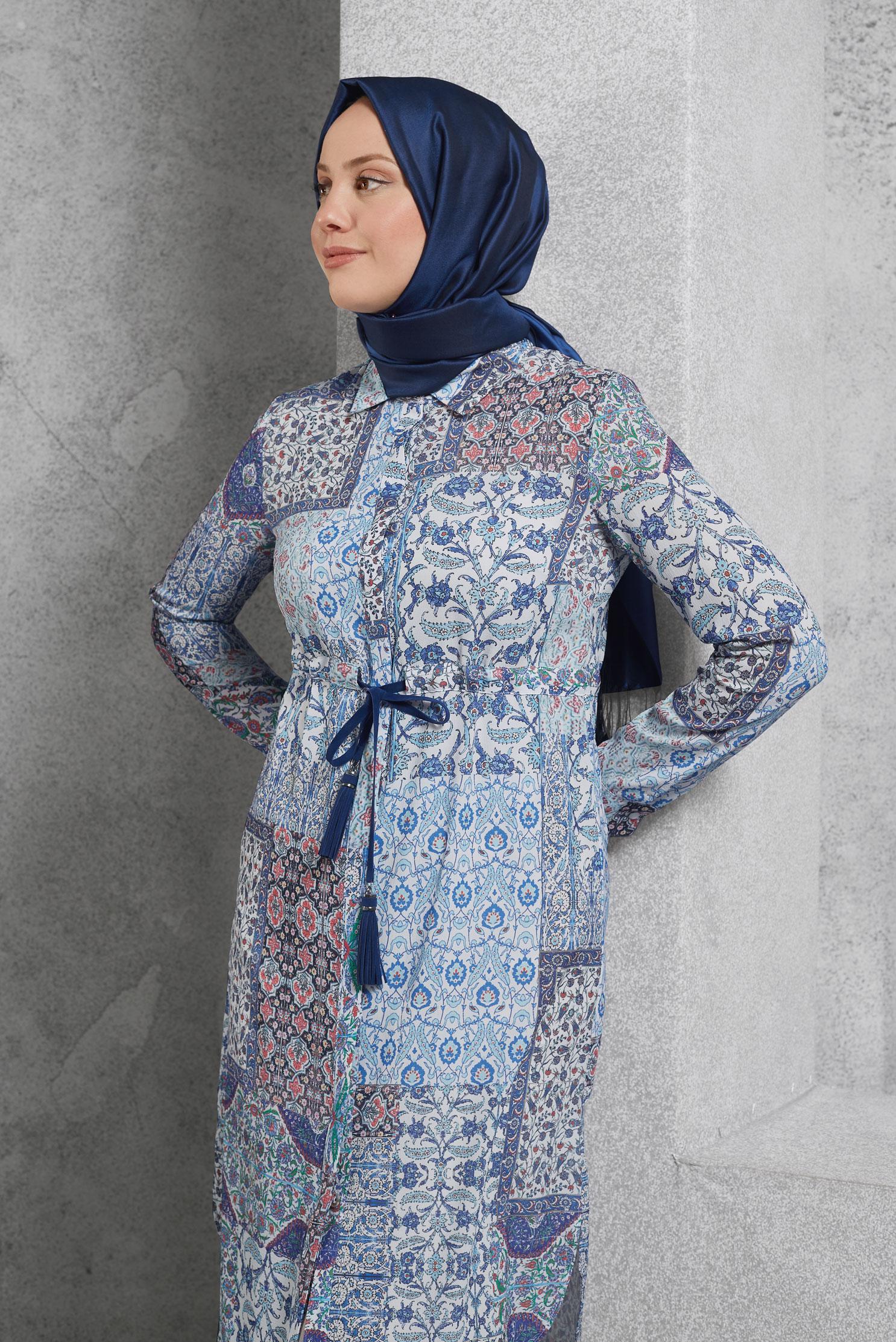 Tesettür giyim LACİVERT ETNİK DESENLİ TUNİK 4649