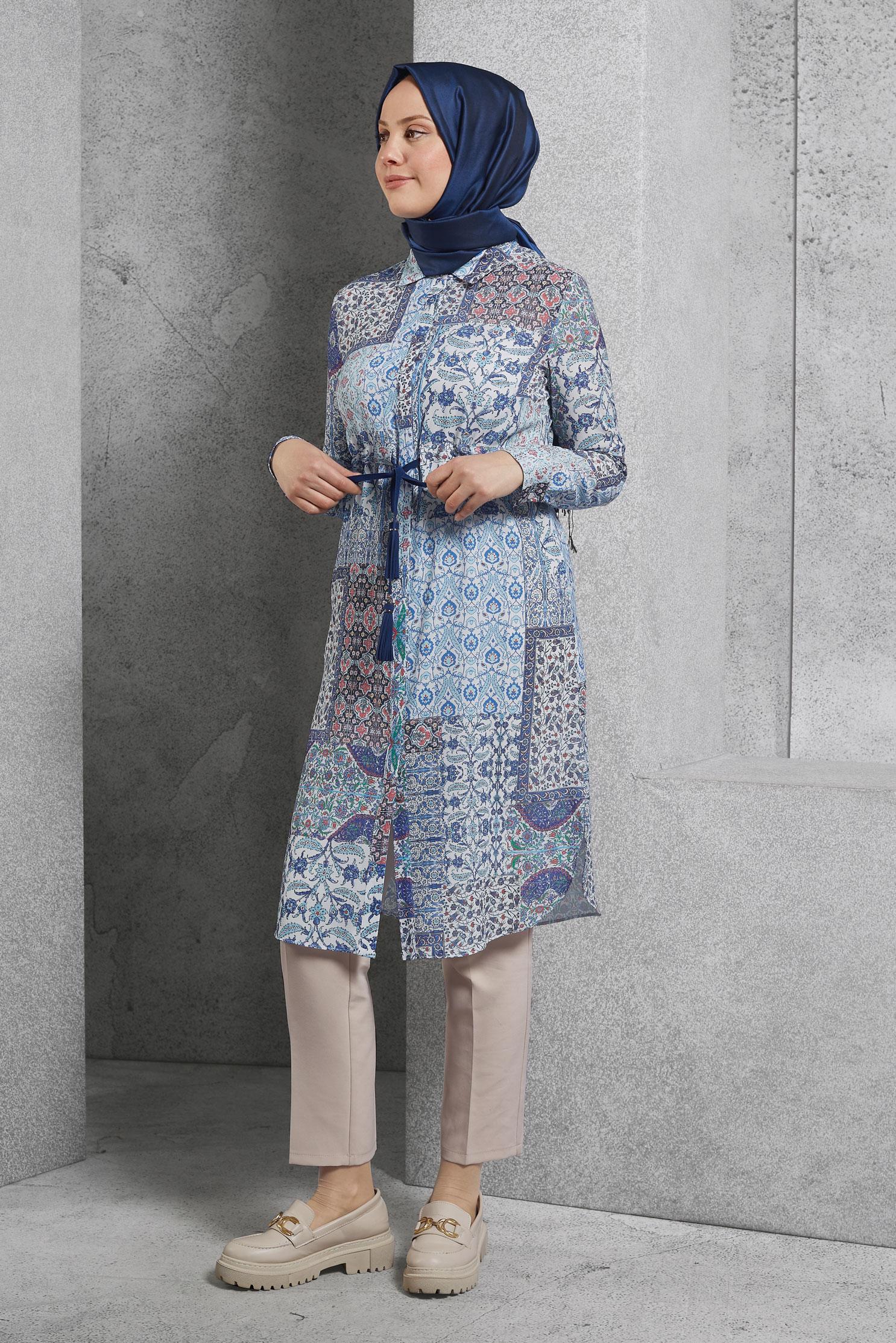 Tesettür giyim LACİVERT ETNİK DESENLİ TUNİK 4649