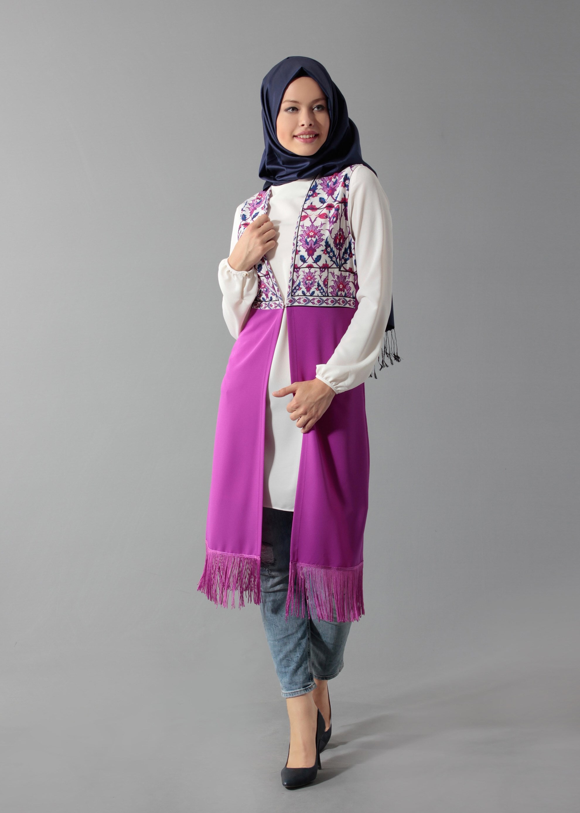 Tesettür giyim MOR DESENLİ YELEKLİ TUNİK 4670