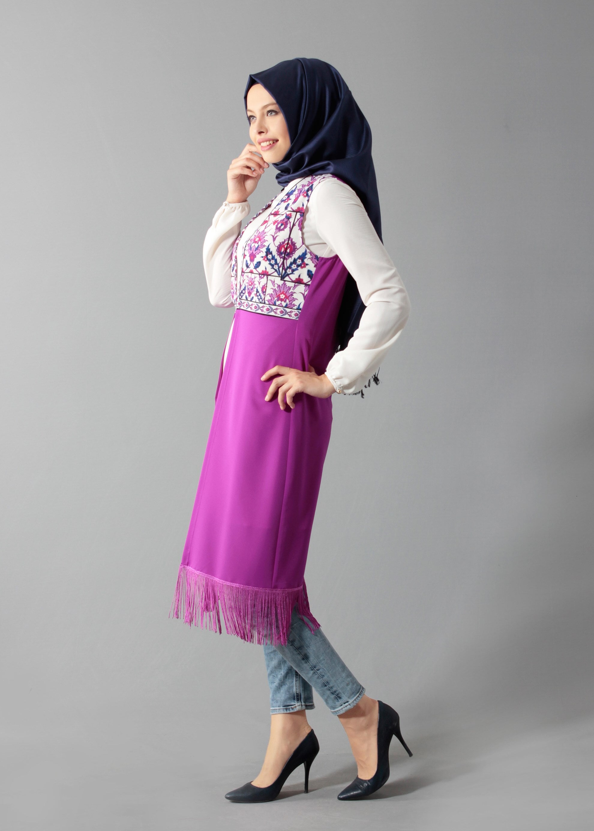 Tesettür giyim MOR DESENLİ YELEKLİ TUNİK 4670