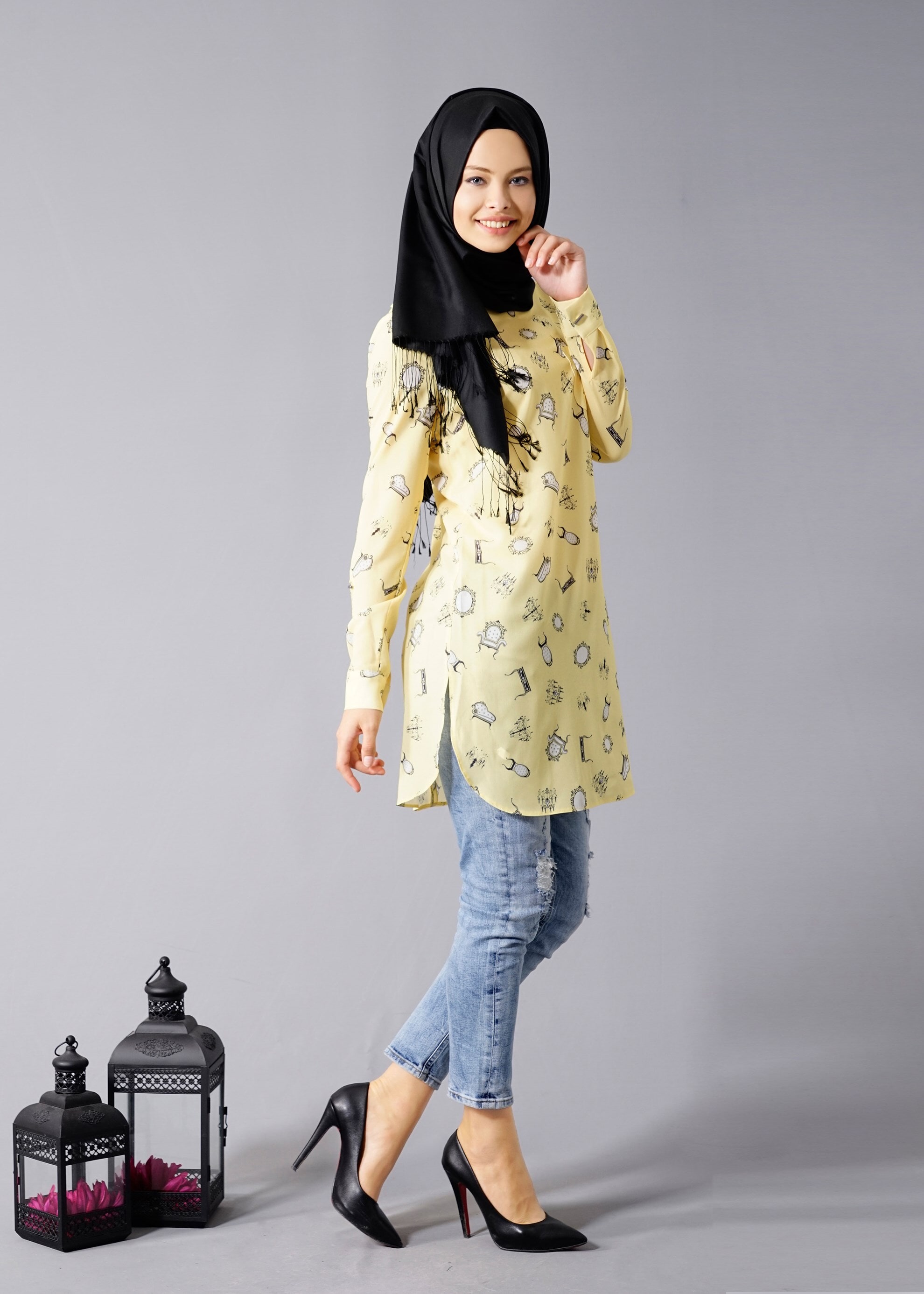 Tesettür giyim SARI DESENLİ TUNİK 4681 