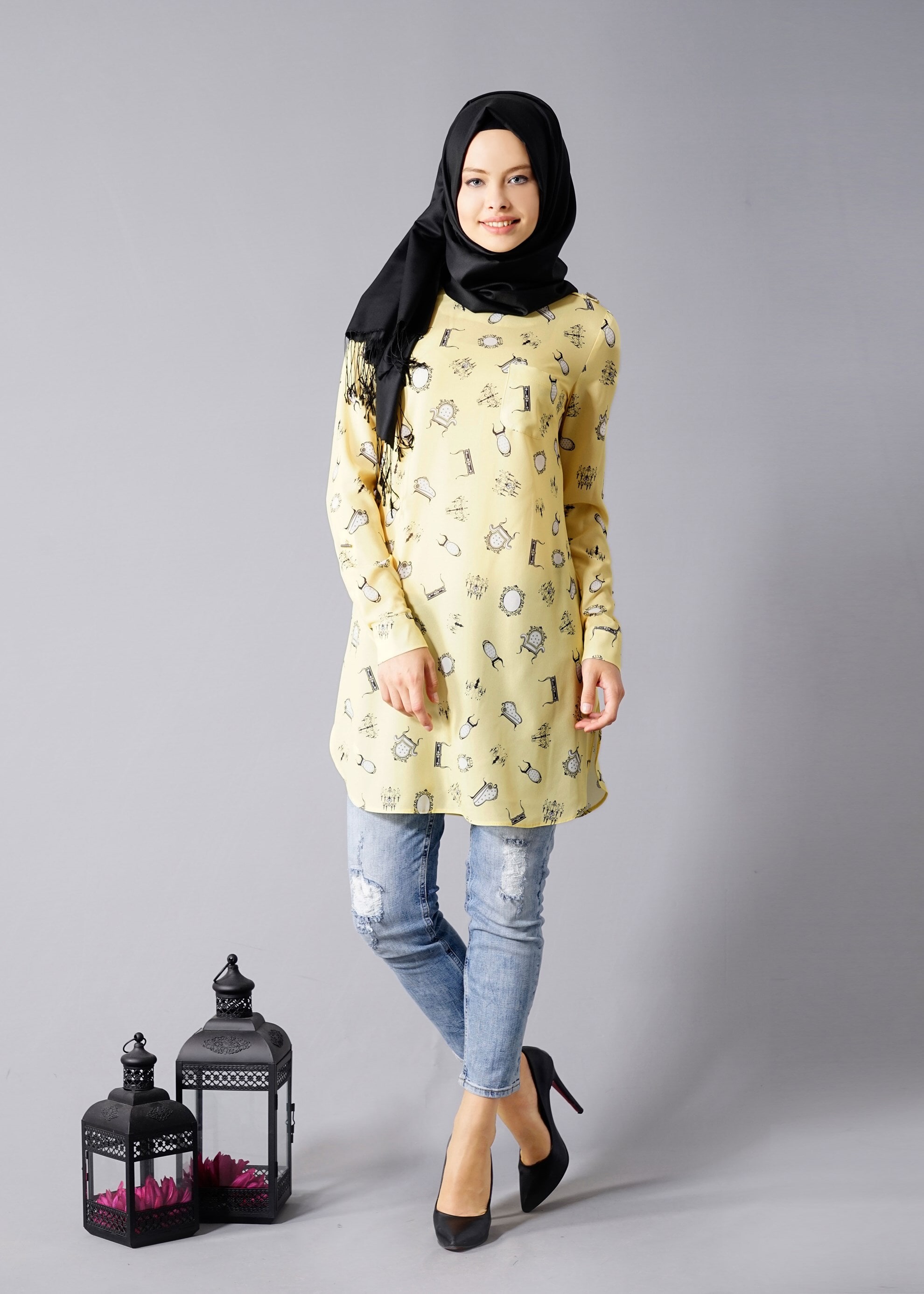 Tesettür giyim SARI DESENLİ TUNİK 4681 