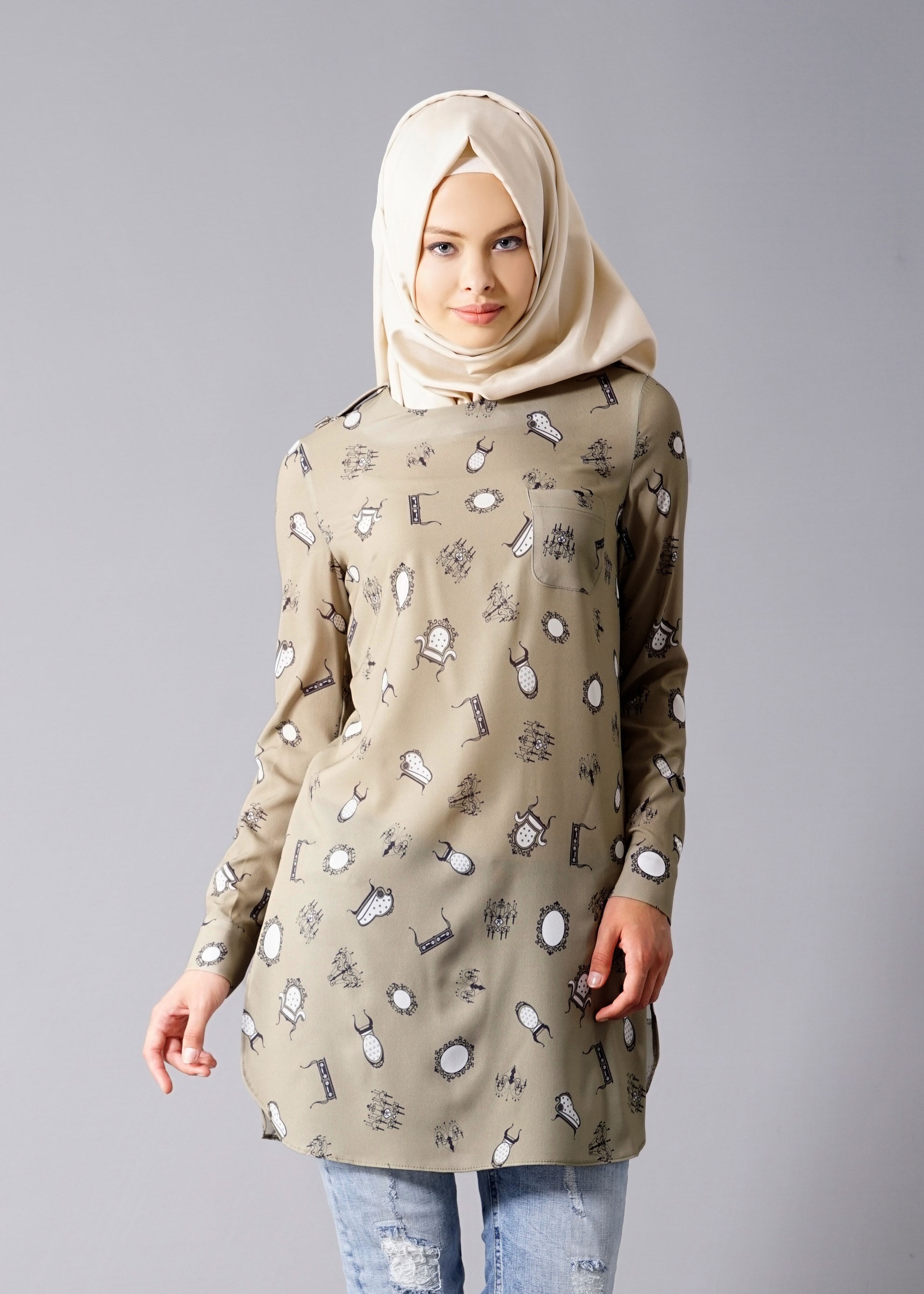 Tesettür giyim HAKİ DESENLİ TUNİK 4681 