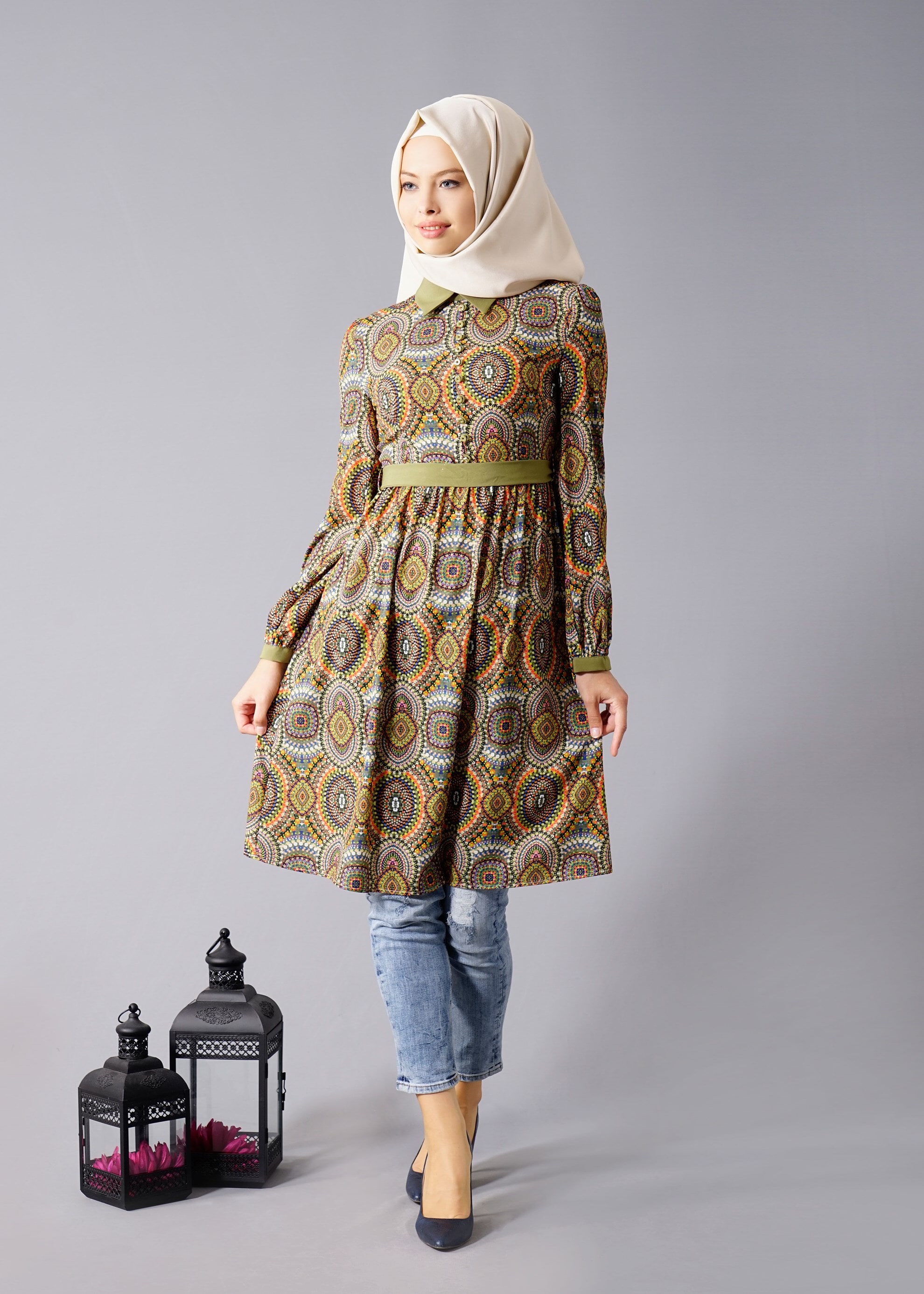 Tesettür giyim HAKİ ETNİK DESENLİ DÜĞME DETAYLI TUNİK 4692