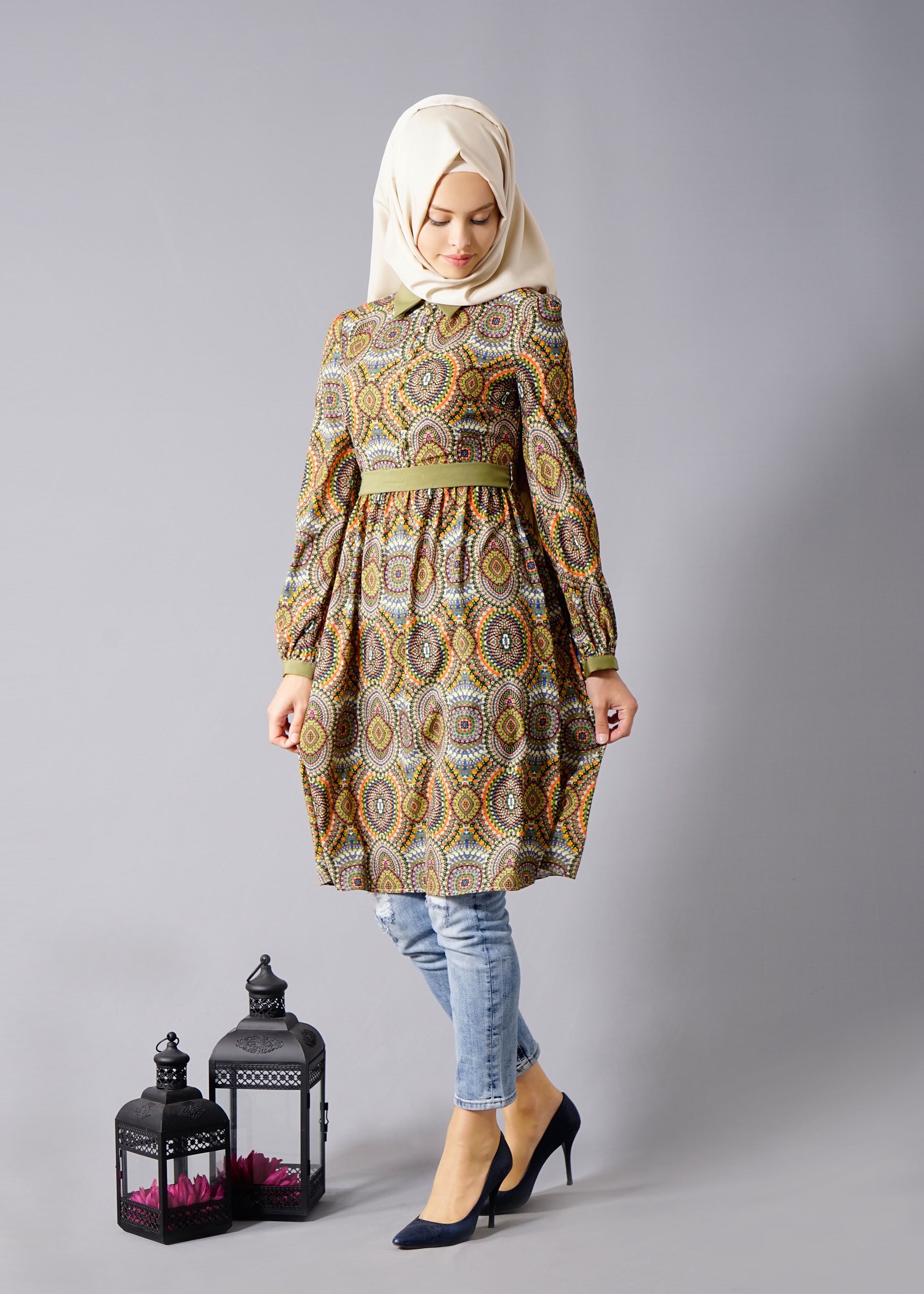 Tesettür giyim HAKİ ETNİK DESENLİ DÜĞME DETAYLI TUNİK 4692