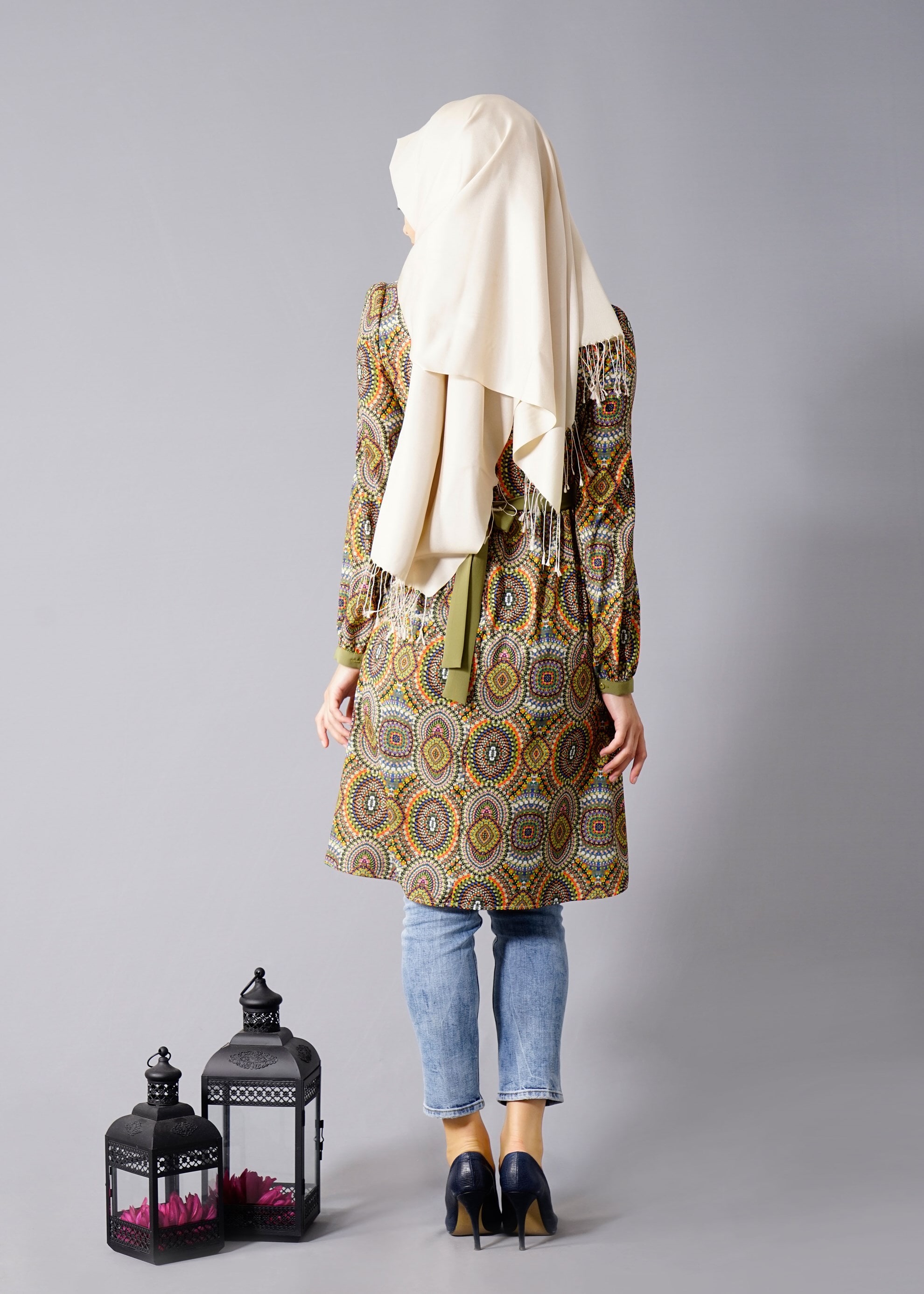 Tesettür giyim HAKİ ETNİK DESENLİ DÜĞME DETAYLI TUNİK 4692