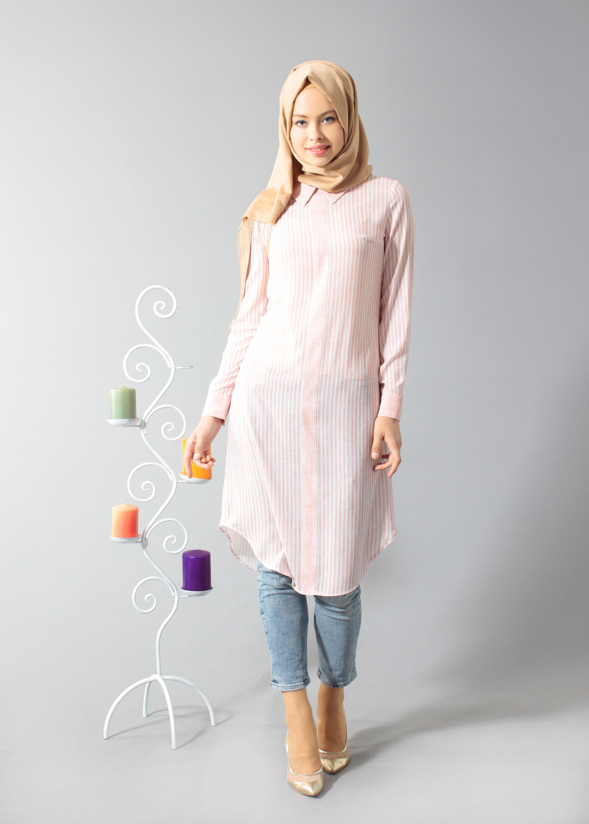 Tesettür giyim PUDRA GÖMLEK YAKA TUNİK 4694 