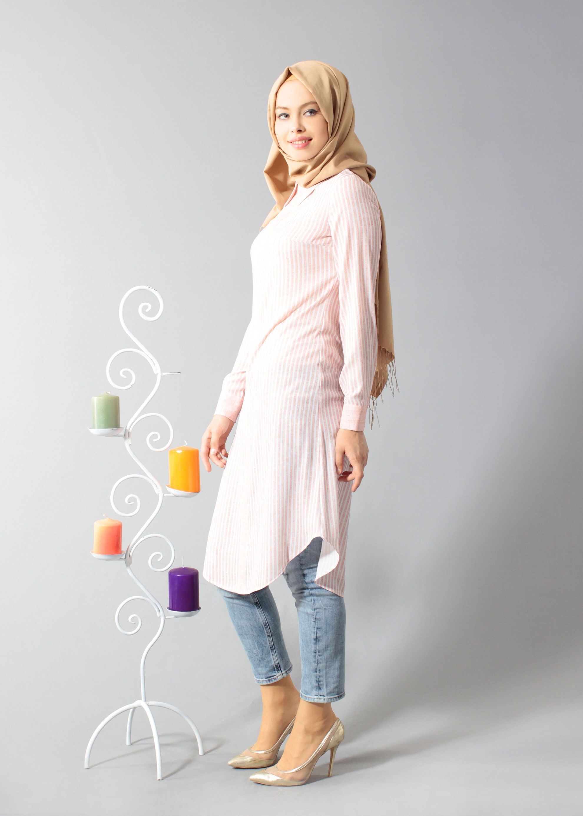 Tesettür giyim PUDRA GÖMLEK YAKA TUNİK 4694 