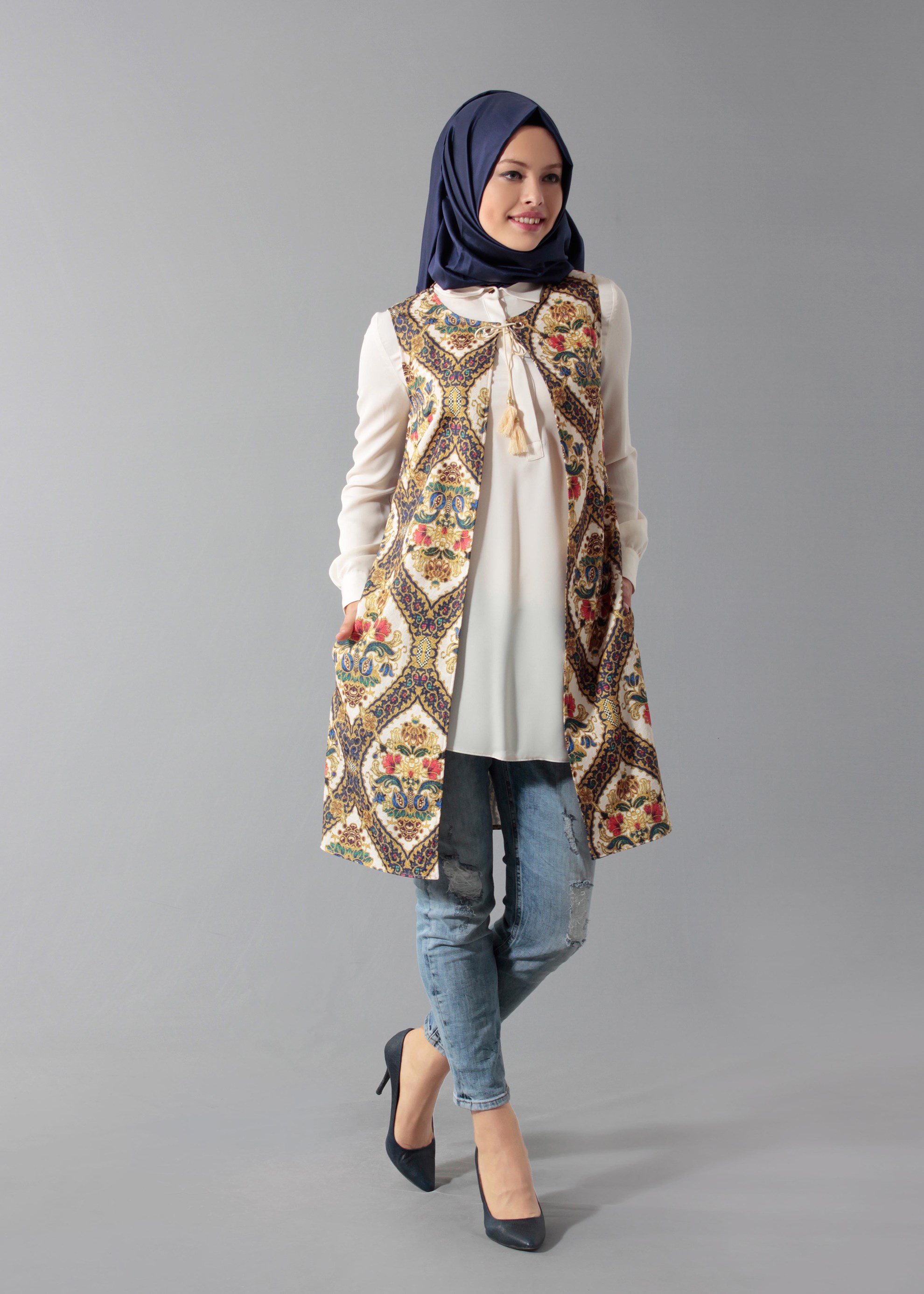 Tesettür giyim LACİVERT DESENLİ İKİLİ TUNİK 4809 