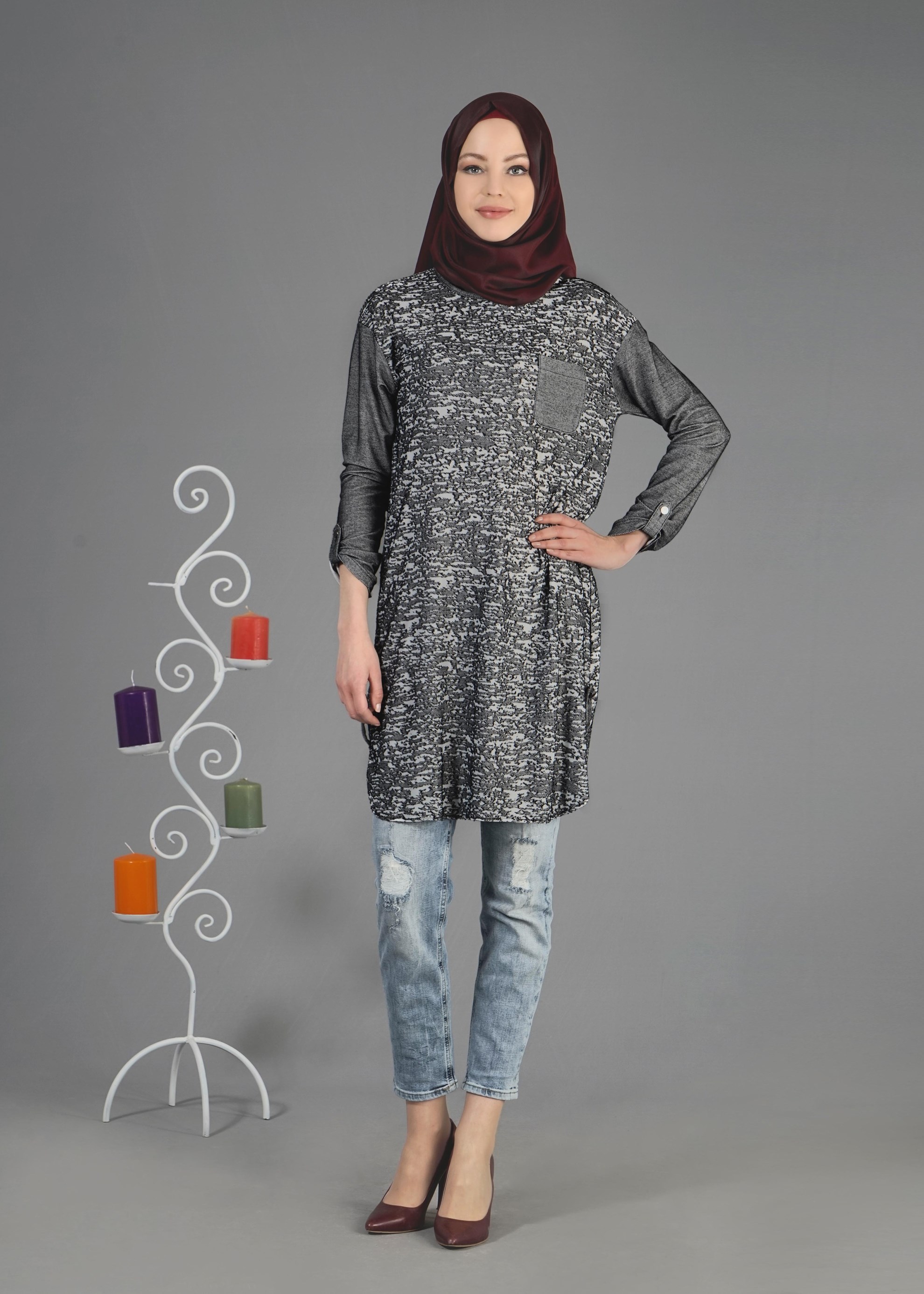 Tesettür giyim SİYAH 4343-1 Devore D.17 Tesettür Tunik 36/44(38-40)