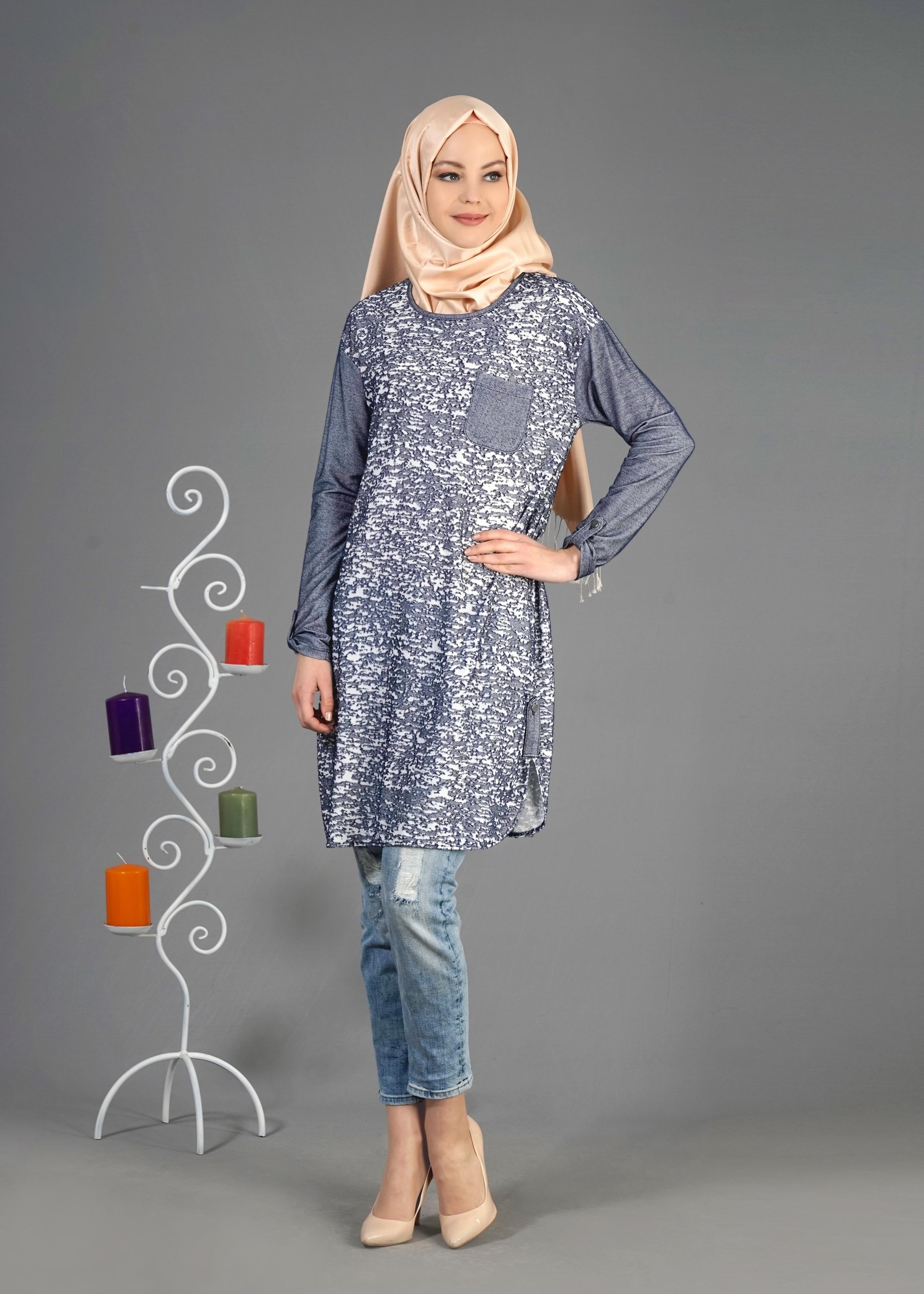 Tesettür giyim LACİVERT 4343-1 Devore D.17 Tesettür Tunik 36/44(38-40)