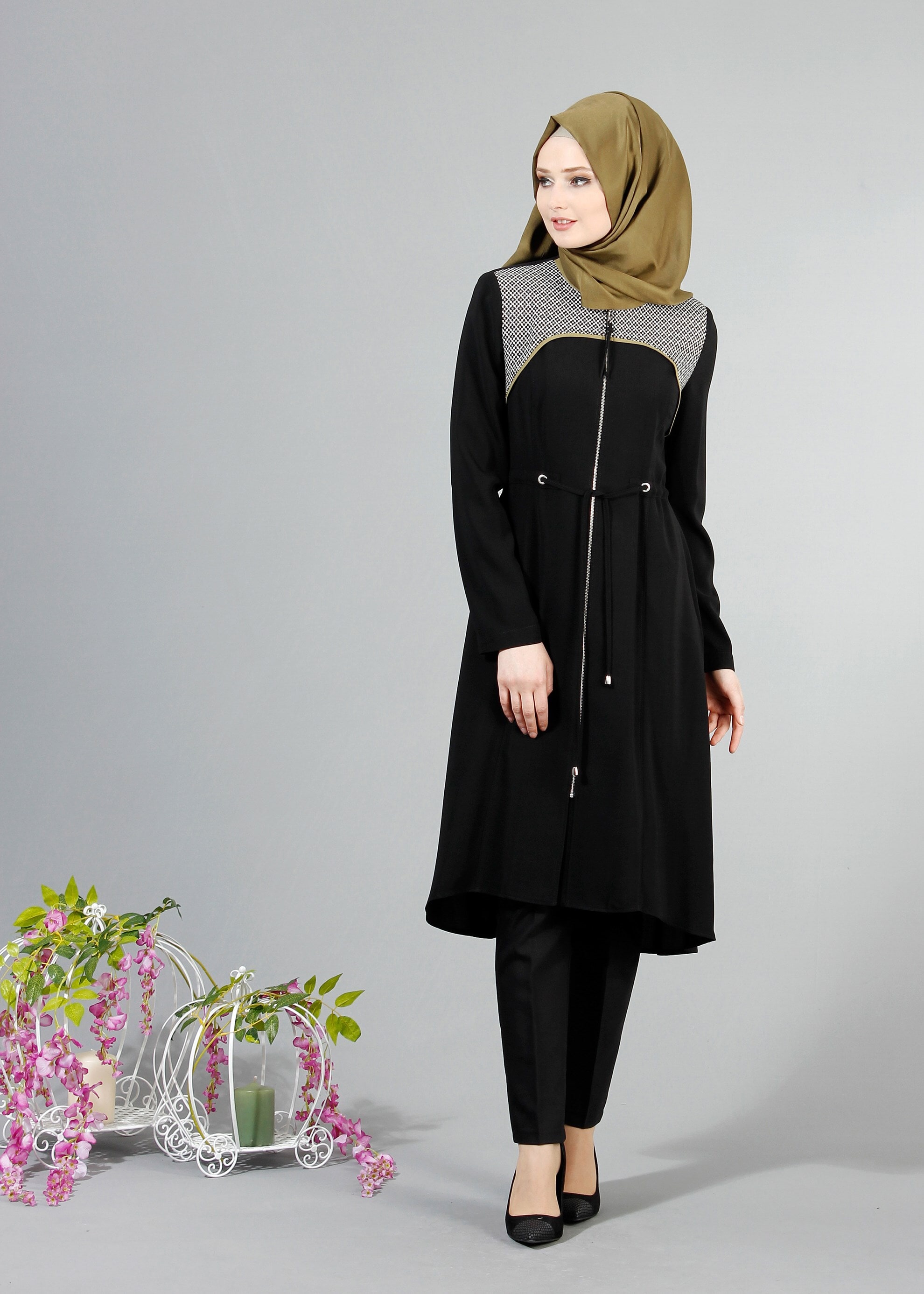 Tesettür giyim SİYAH 1709 Sufle Tesettür Trench 38/46 TEK38