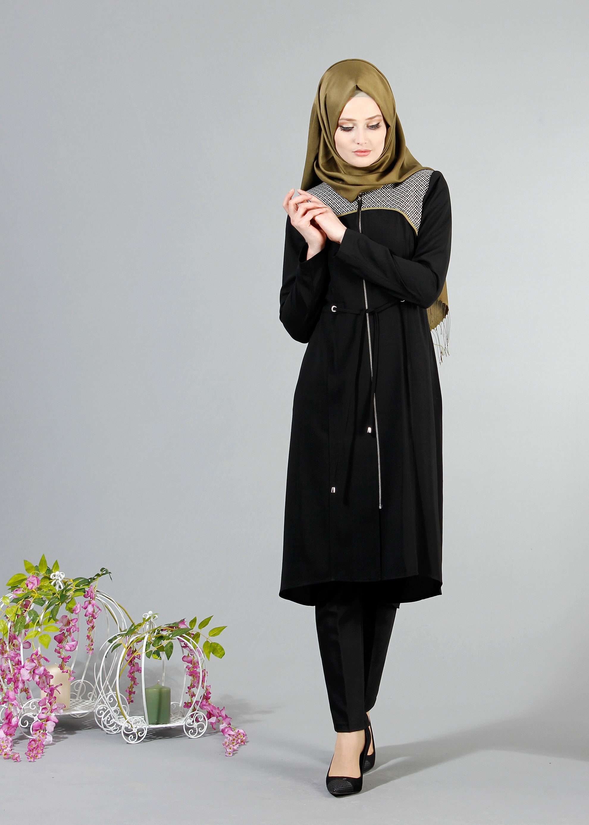 Tesettür giyim SİYAH 1709 Sufle Tesettür Trench 38/46 TEK38