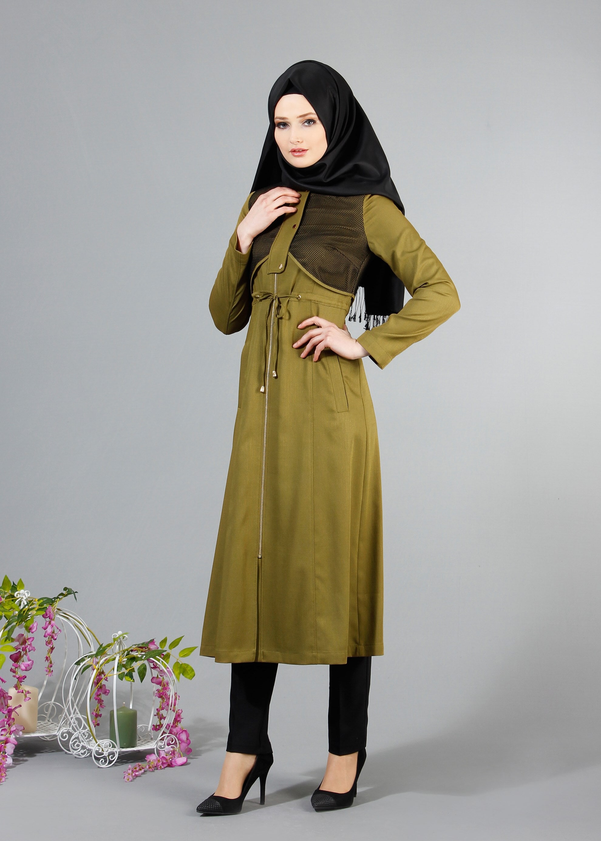 Tesettür giyim YEŞİL 1712 Derin Tesettür Trench 38/44 TEK38