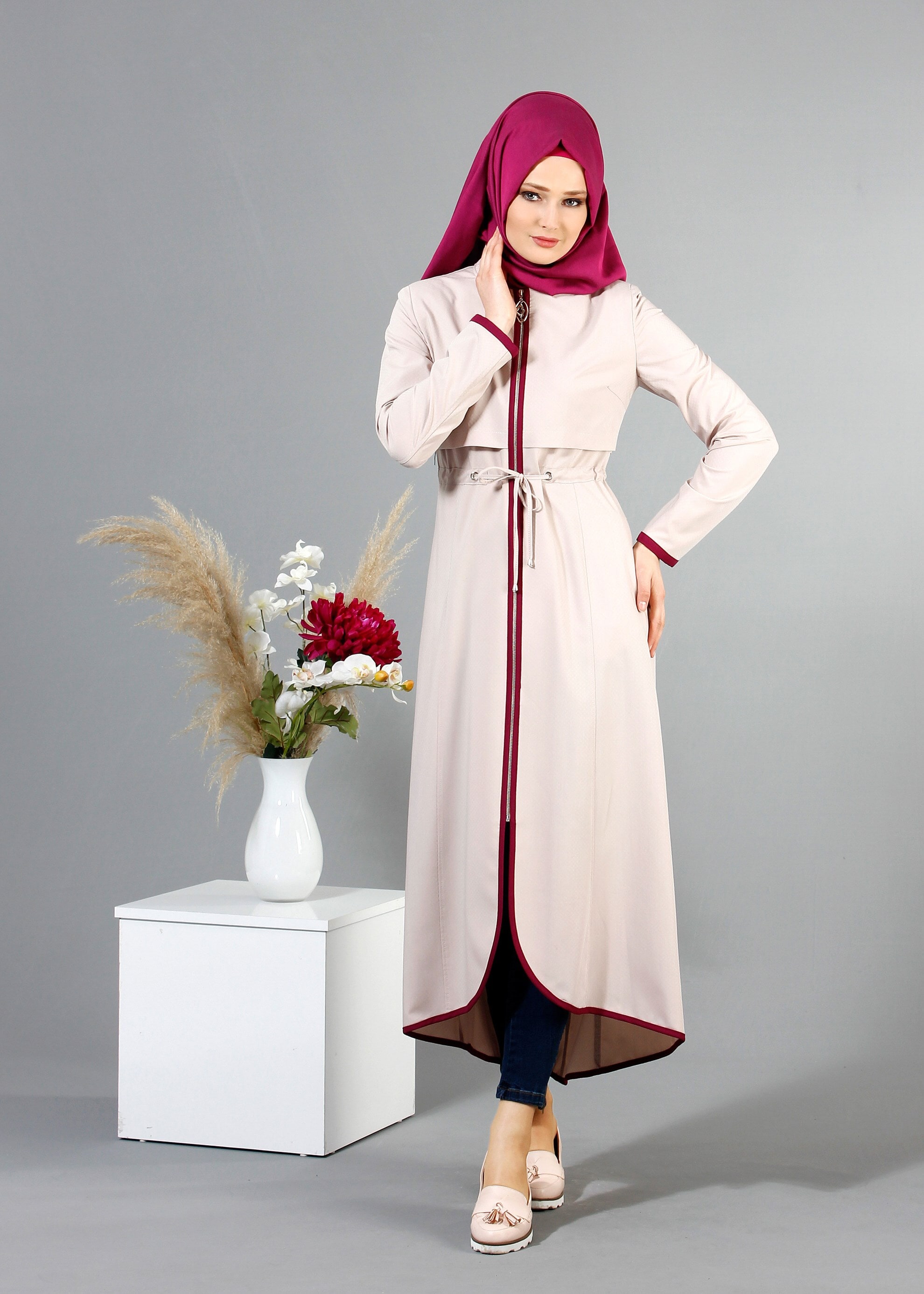 Tesettür giyim PUDRA 1713 Ladin Tesettür Trench 38/44 TEK38