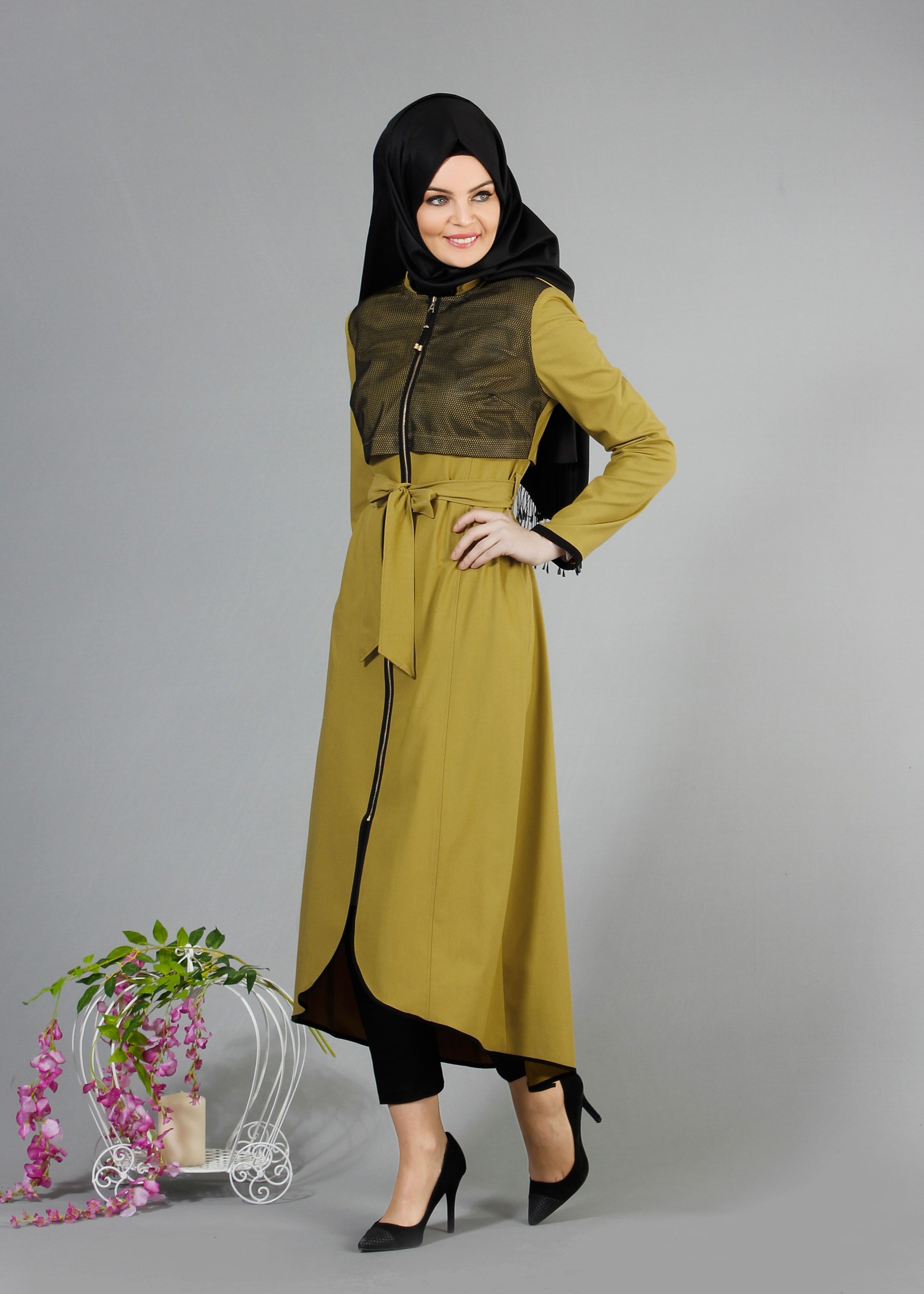 Tesettür giyim YEŞİL 1721 Demre Tesettür Trench 38/46 TEK40