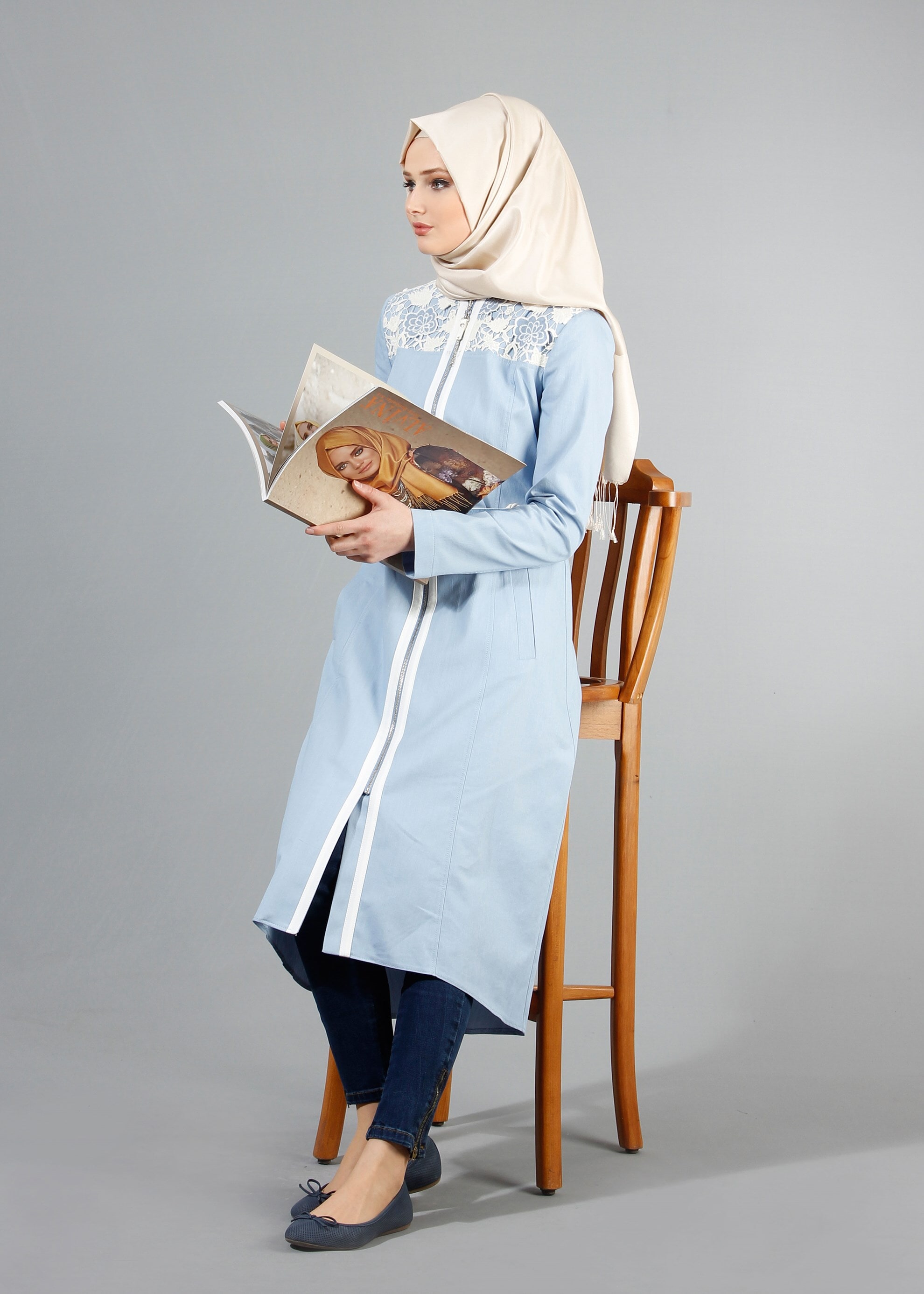 Tesettür giyim MAVİ 1728 Owen Tesettür Trench 38/46