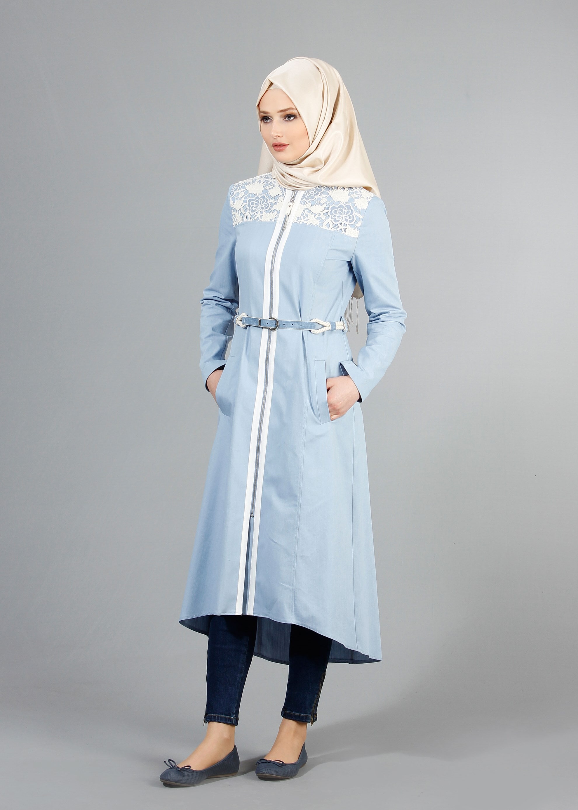 Tesettür giyim MAVİ 1728 Owen Tesettür Trench 38/46