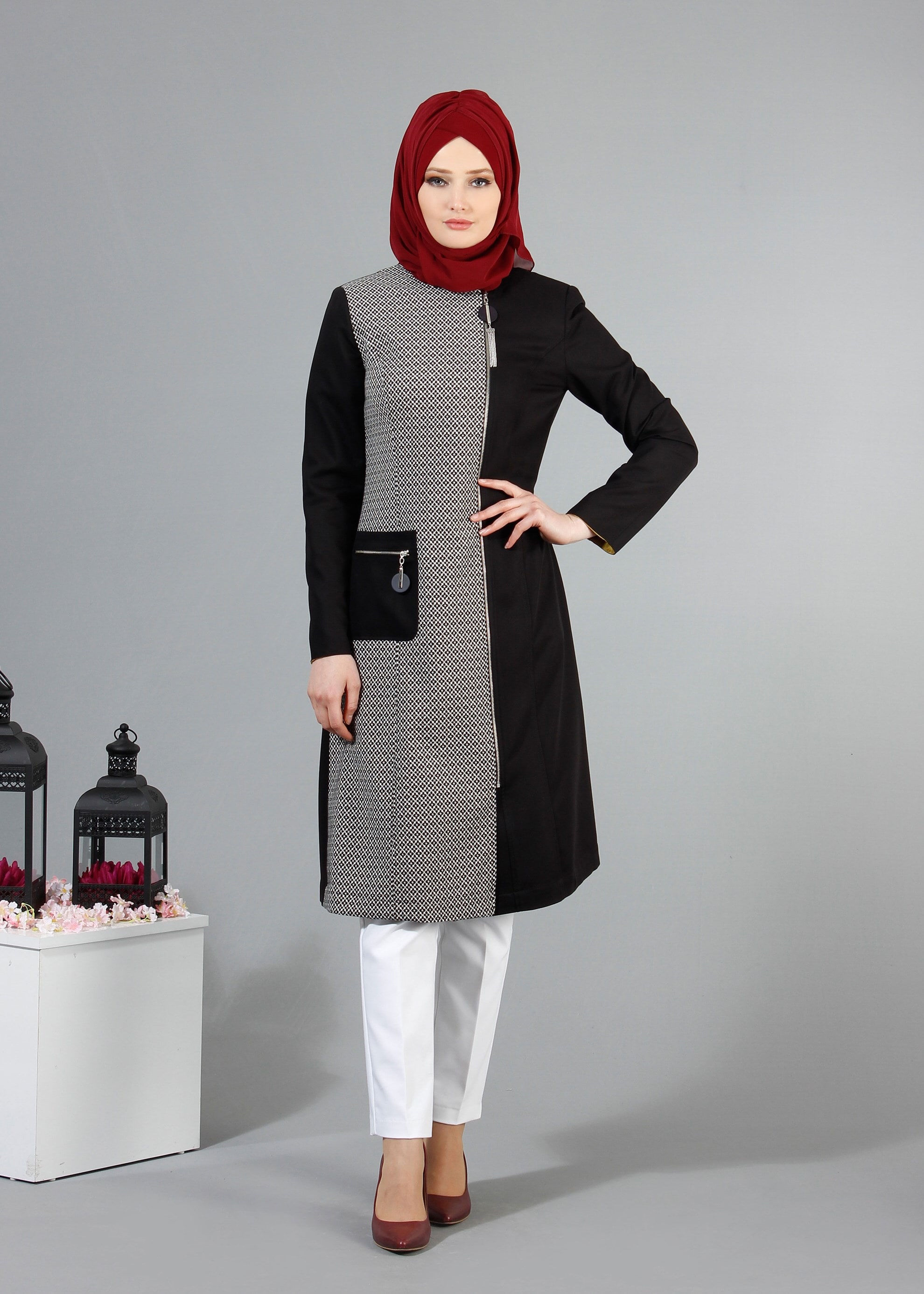 Tesettür giyim SİYAH 1730 Winter Berra Tesettür Trench  38/46