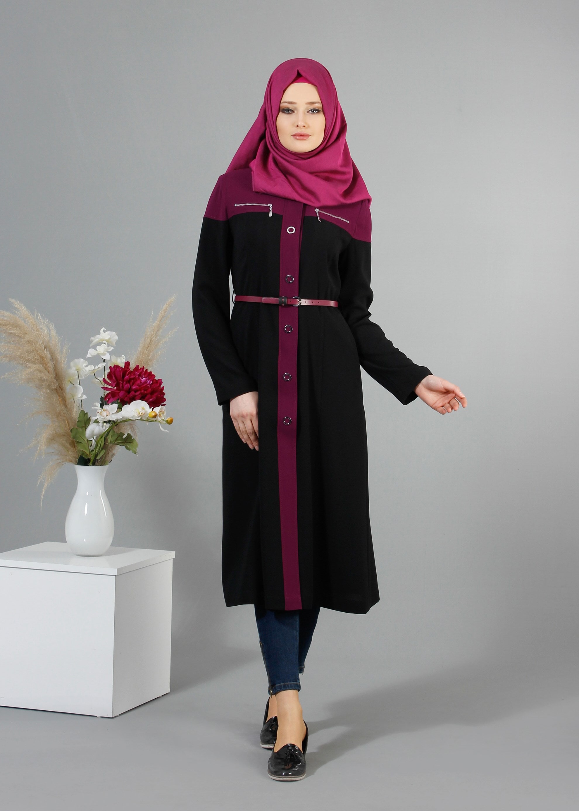 Tesettür giyim SİYAH 1735 Picasso Tesettür Trench 38/46 TEK38