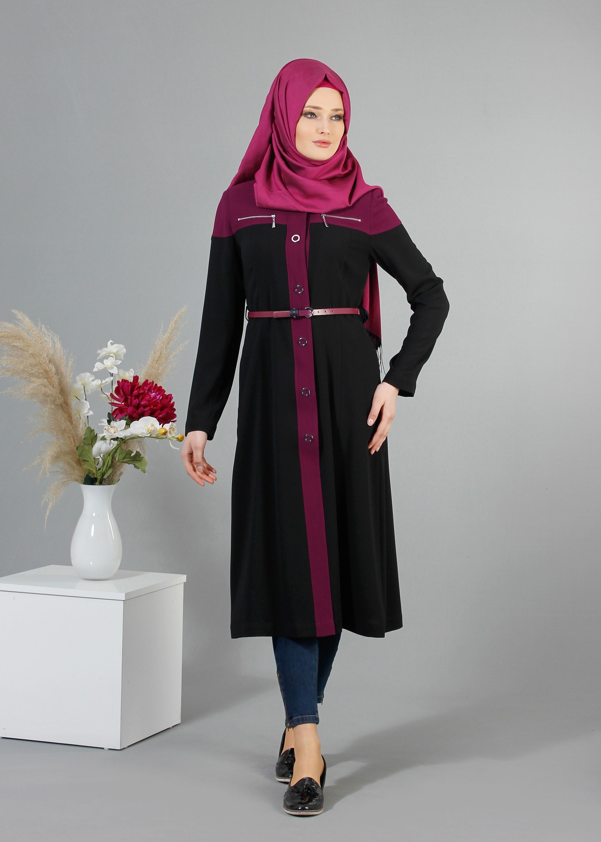 Tesettür giyim SİYAH 1735 Picasso Tesettür Trench 38/46 TEK38