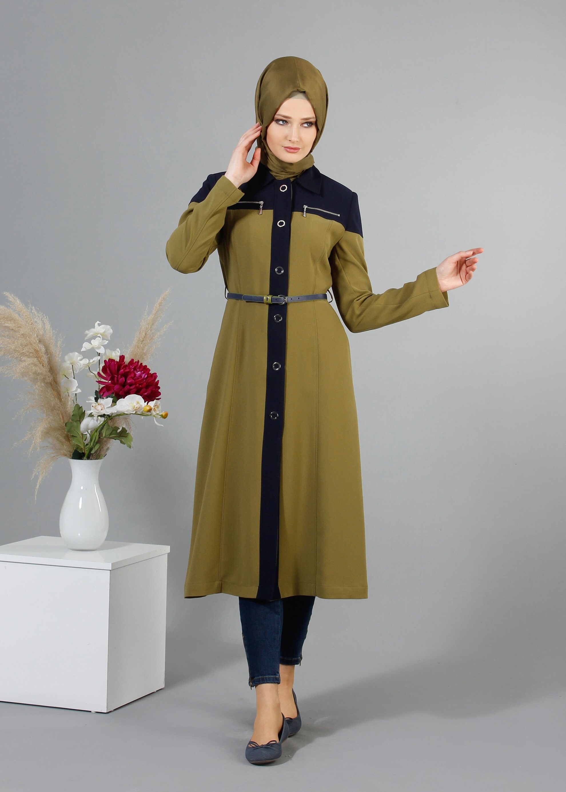 Tesettür giyim YEŞİL 1735 Picasso Tesettür Trench 38/46 TEK38
