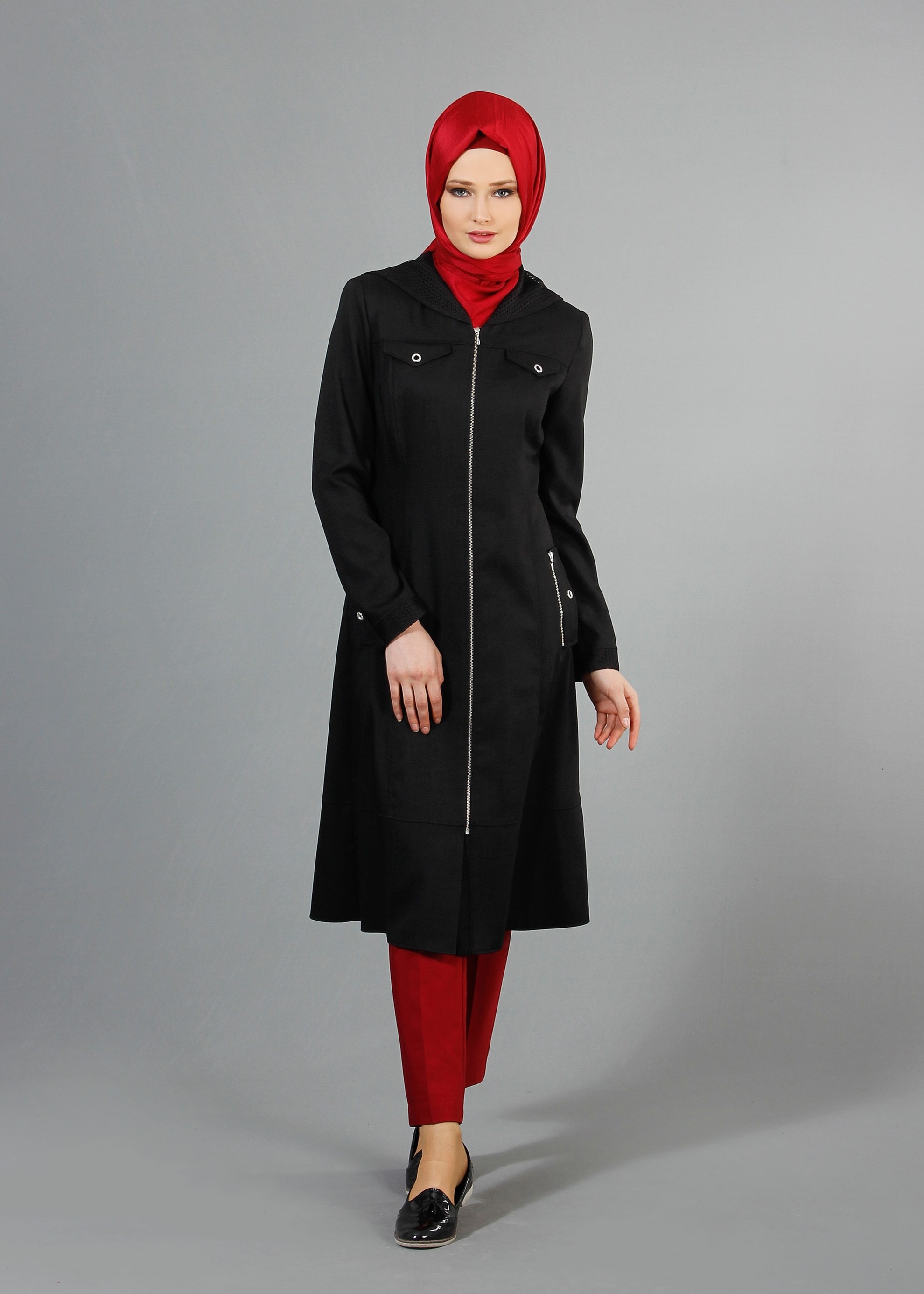 Tesettür giyim SİYAH 1738 Derin Tesettür Trench 38/46 TEK38