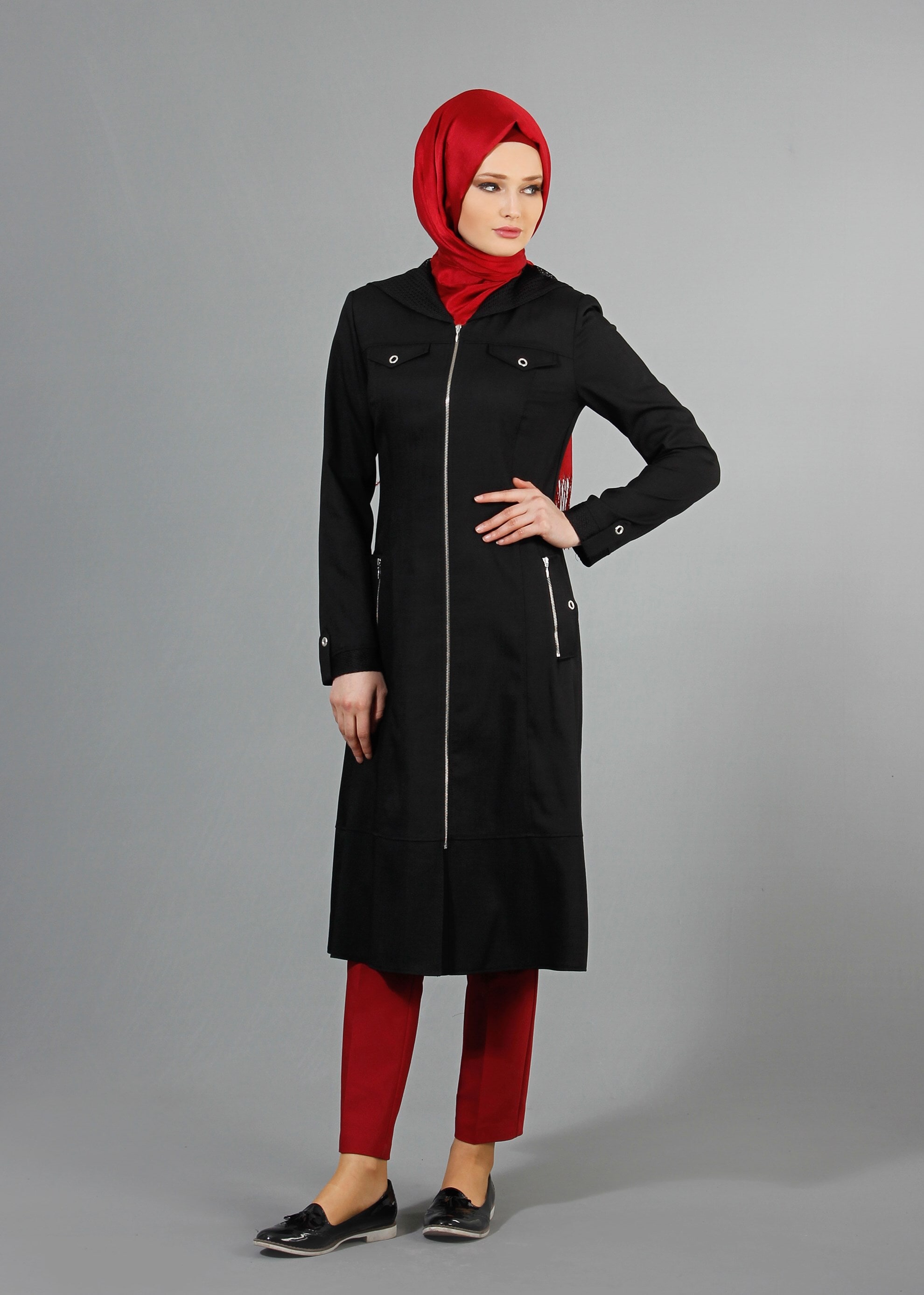 Tesettür giyim SİYAH 1738 Derin Tesettür Trench 38/46 TEK38