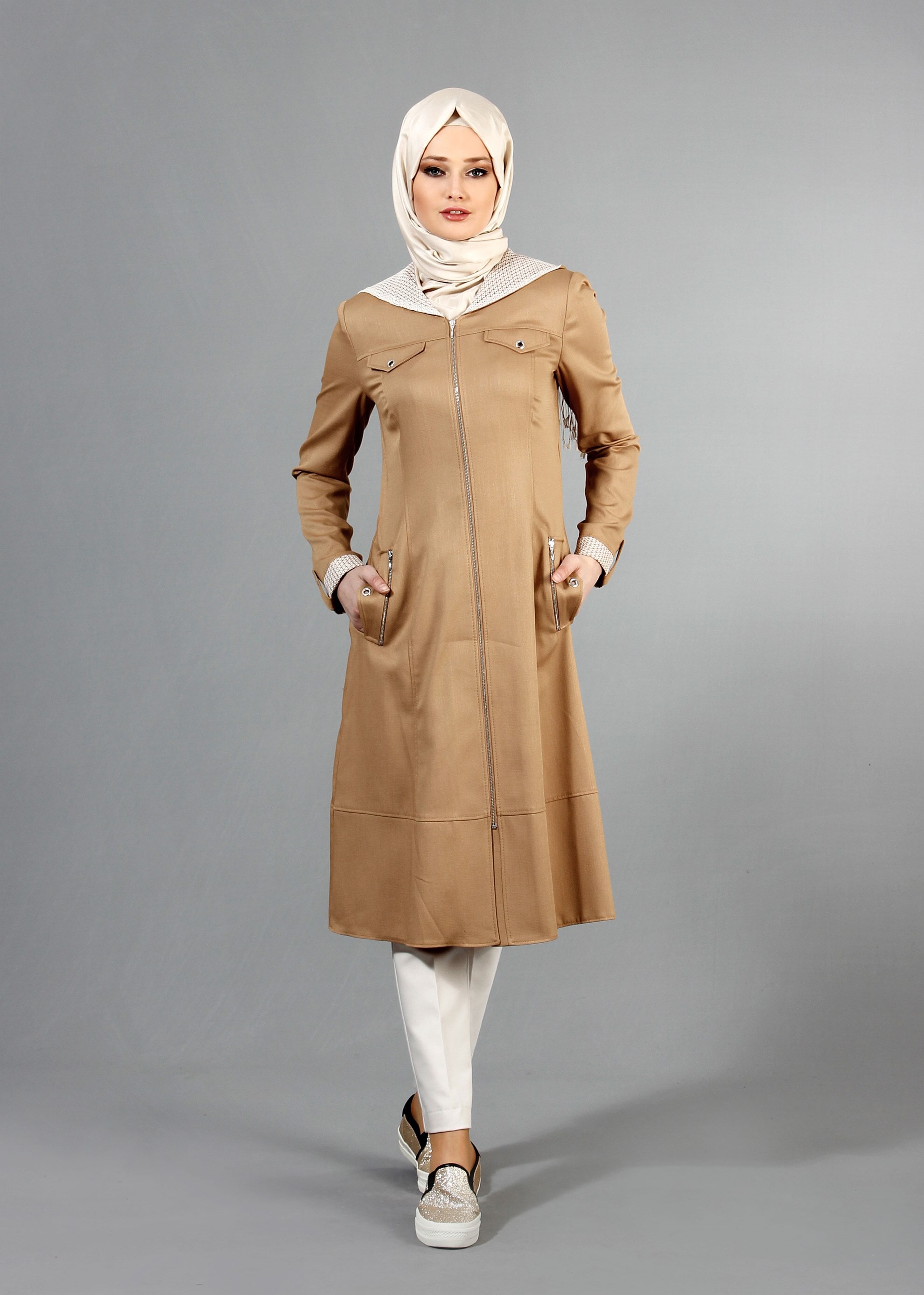Tesettür giyim KAHVE 1738 Derin Tesettür Trench 38/46 TEK38