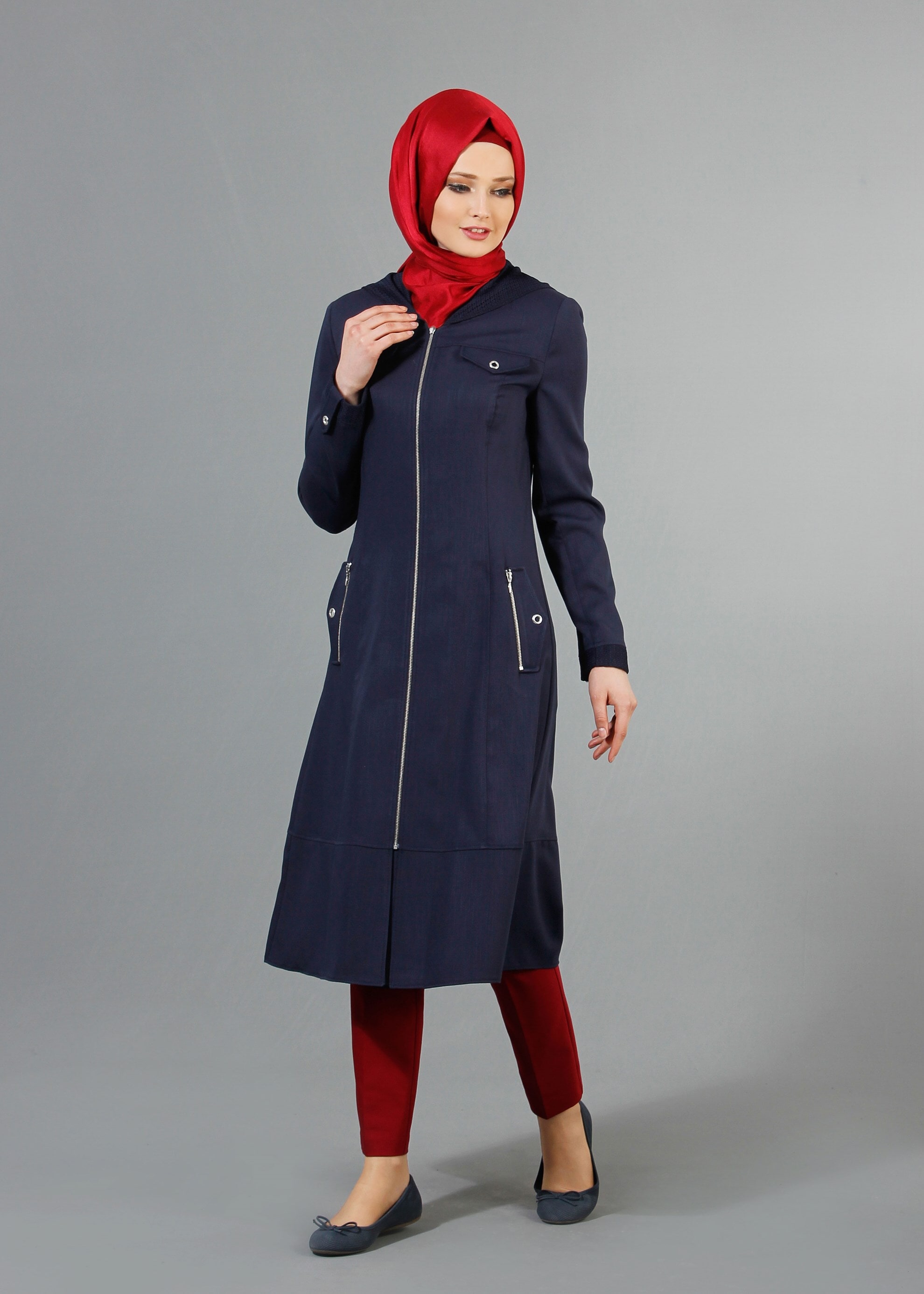 Tesettür giyim LACİVERT 1738 Derin Tesettür Trench 38/46 TEK38