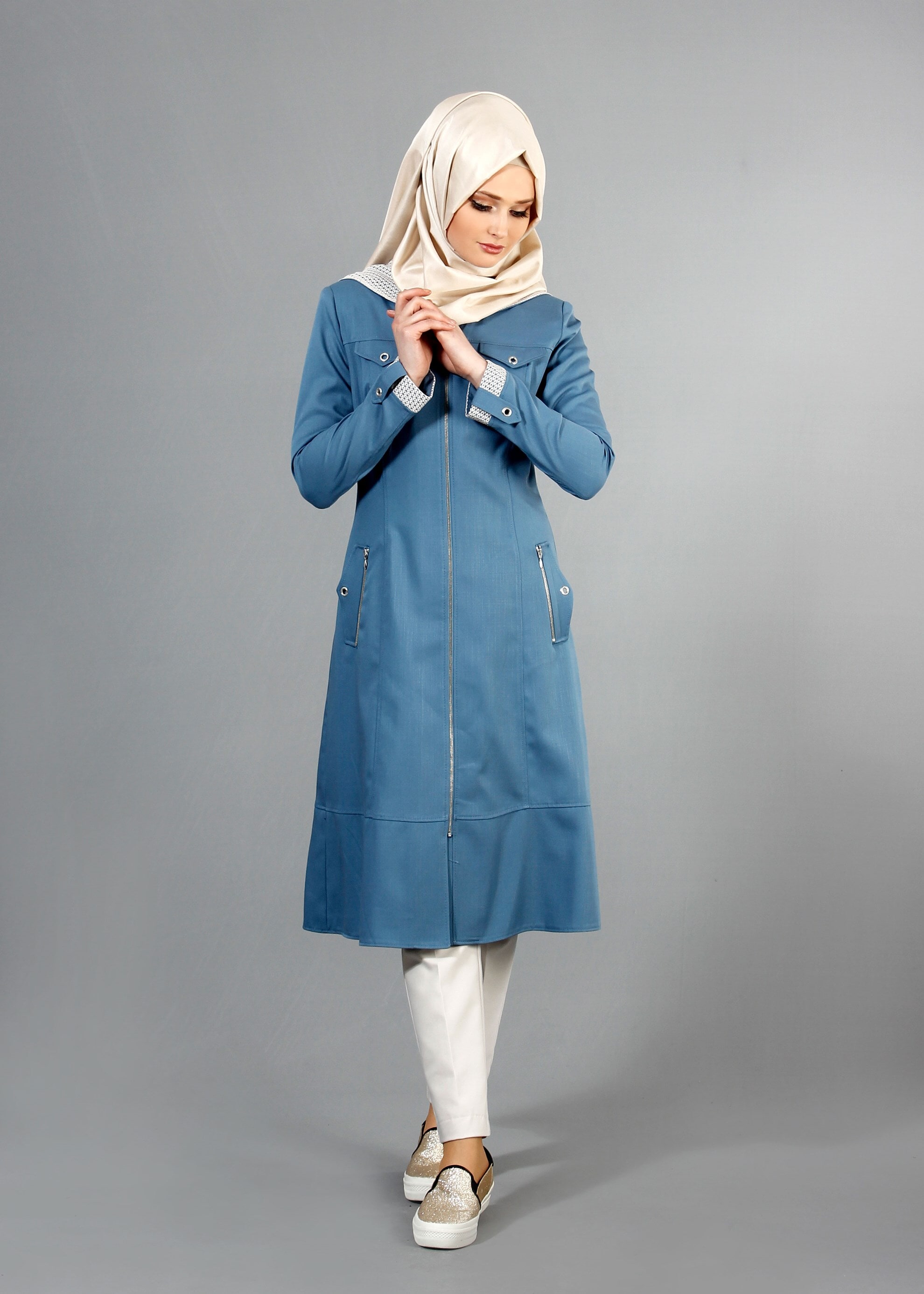 Tesettür giyim MAVİ 1738 Derin Tesettür Trench 38/46 TEK38