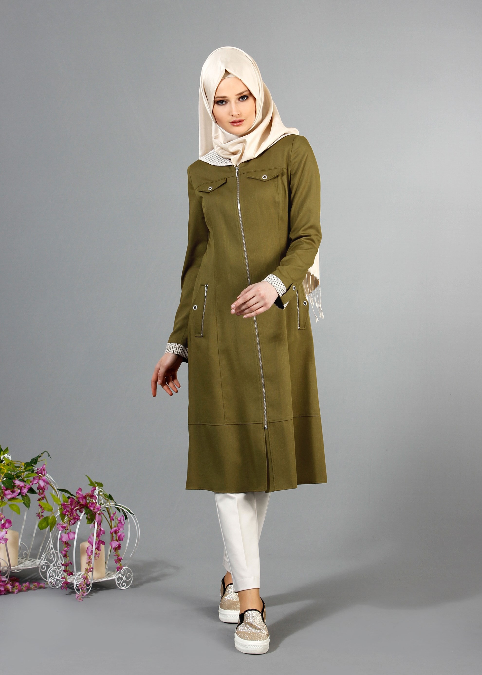 Tesettür giyim YEŞİL 1738 Derin Tesettür Trench 38/46 TEK38
