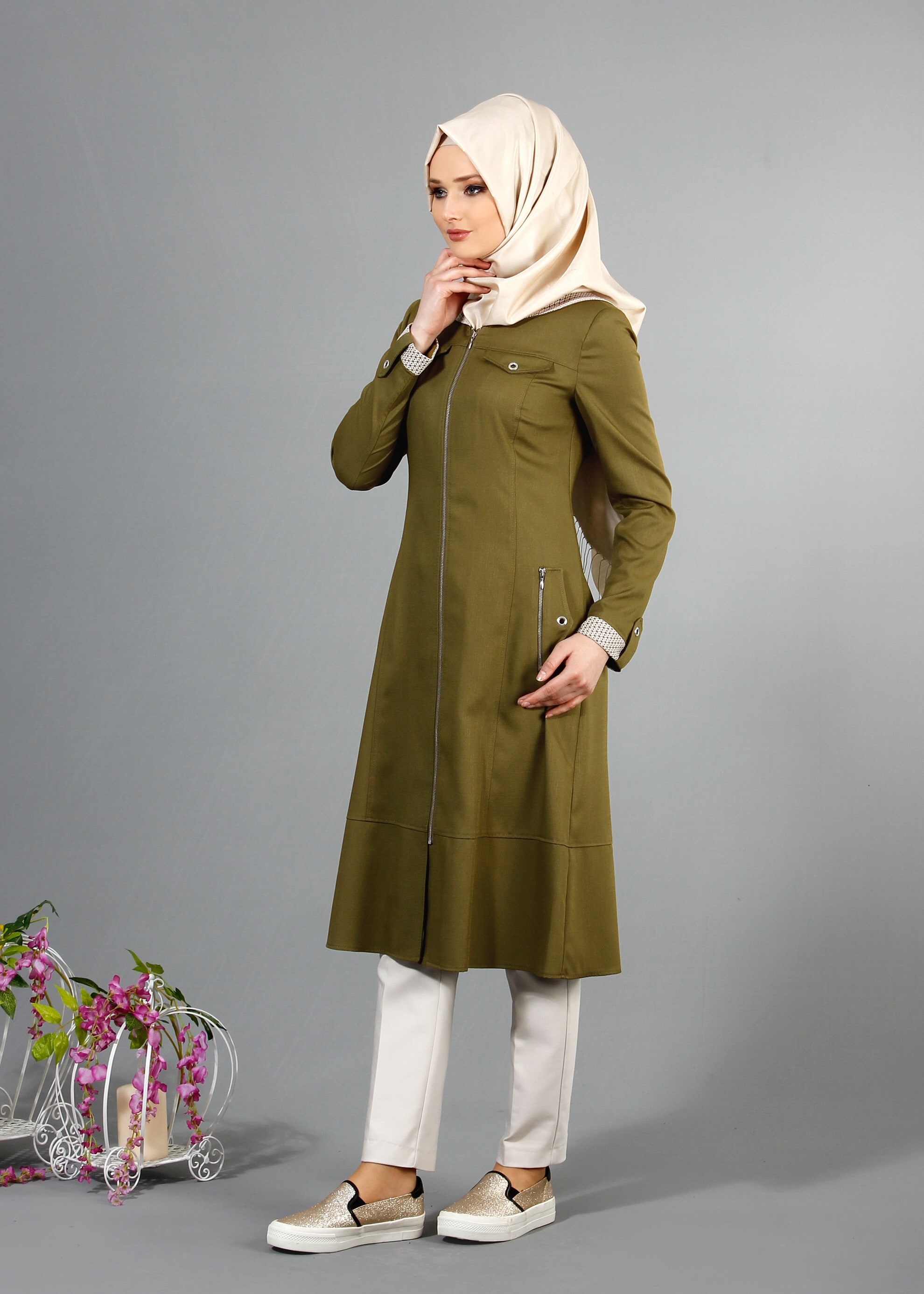 Tesettür giyim YEŞİL 1738 Derin Tesettür Trench 38/46 TEK38